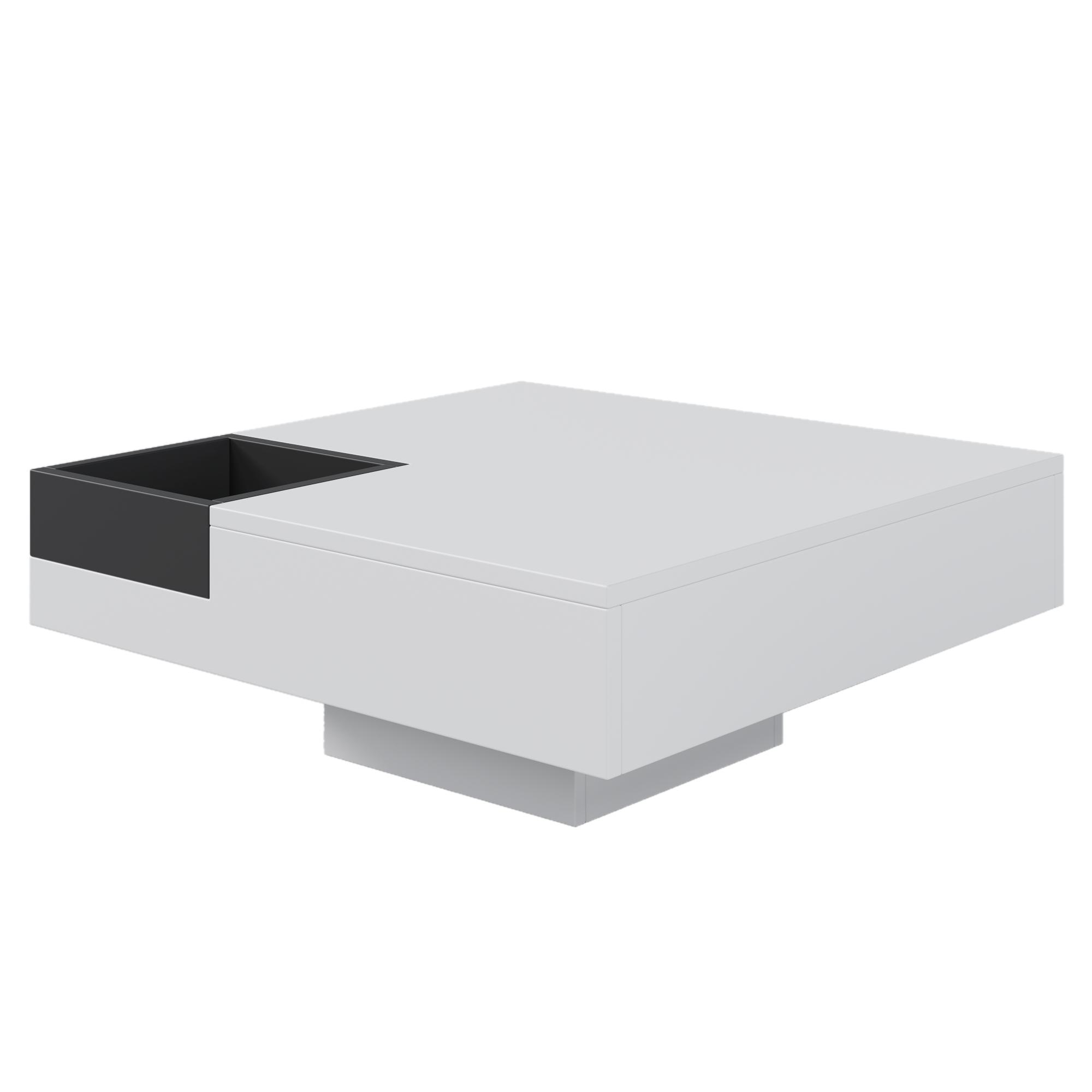 Mesa de centro de alto brillo, mesa de salón con caja de almacenamiento extraíble y efecto luminoso LED, 72×72×30 cm, Blanco