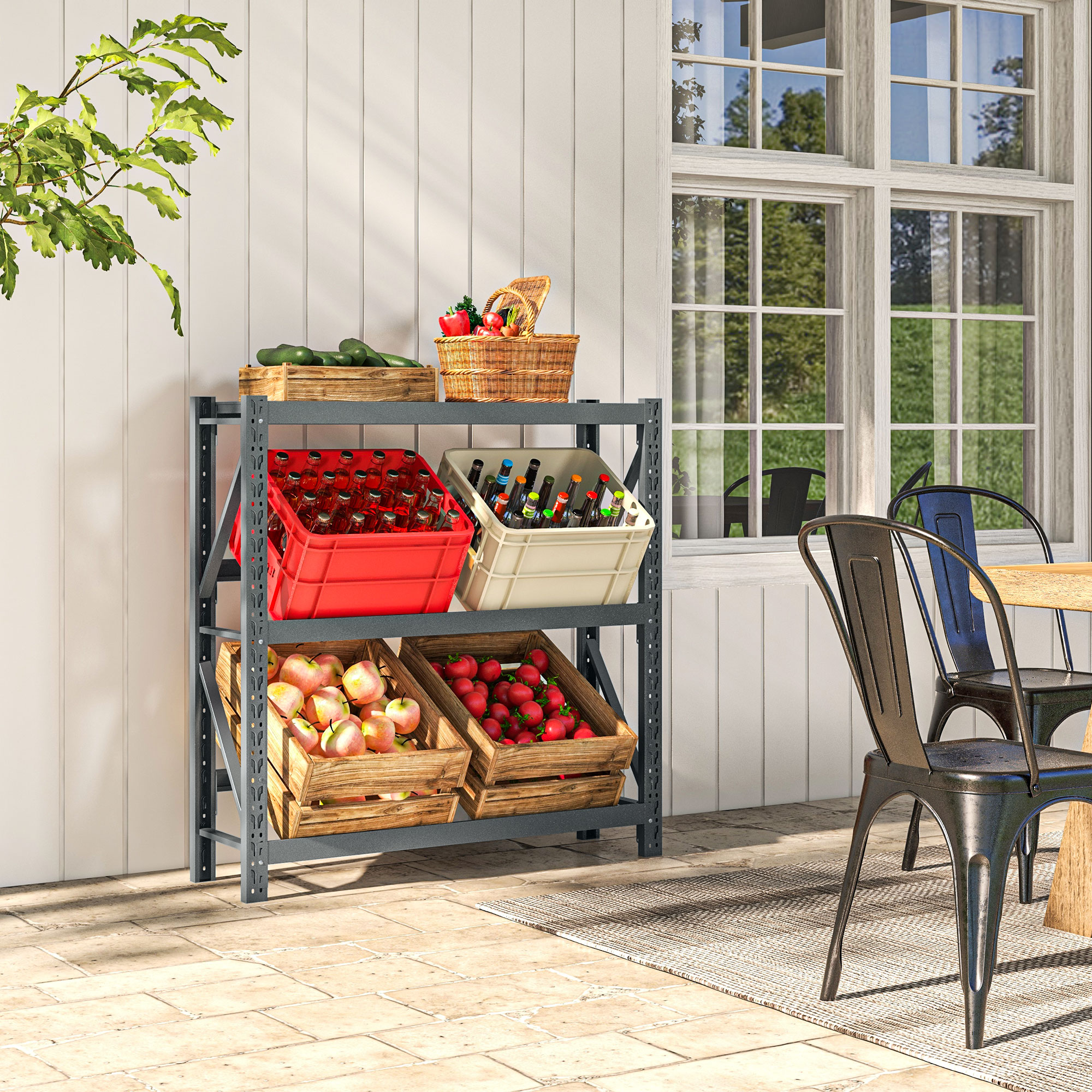  Raft Autoportant pentru 6 Lazi de Bauturi cu 3 Niveluri cu Polite Ajustabile, 110x30x110cm, Gri [8]