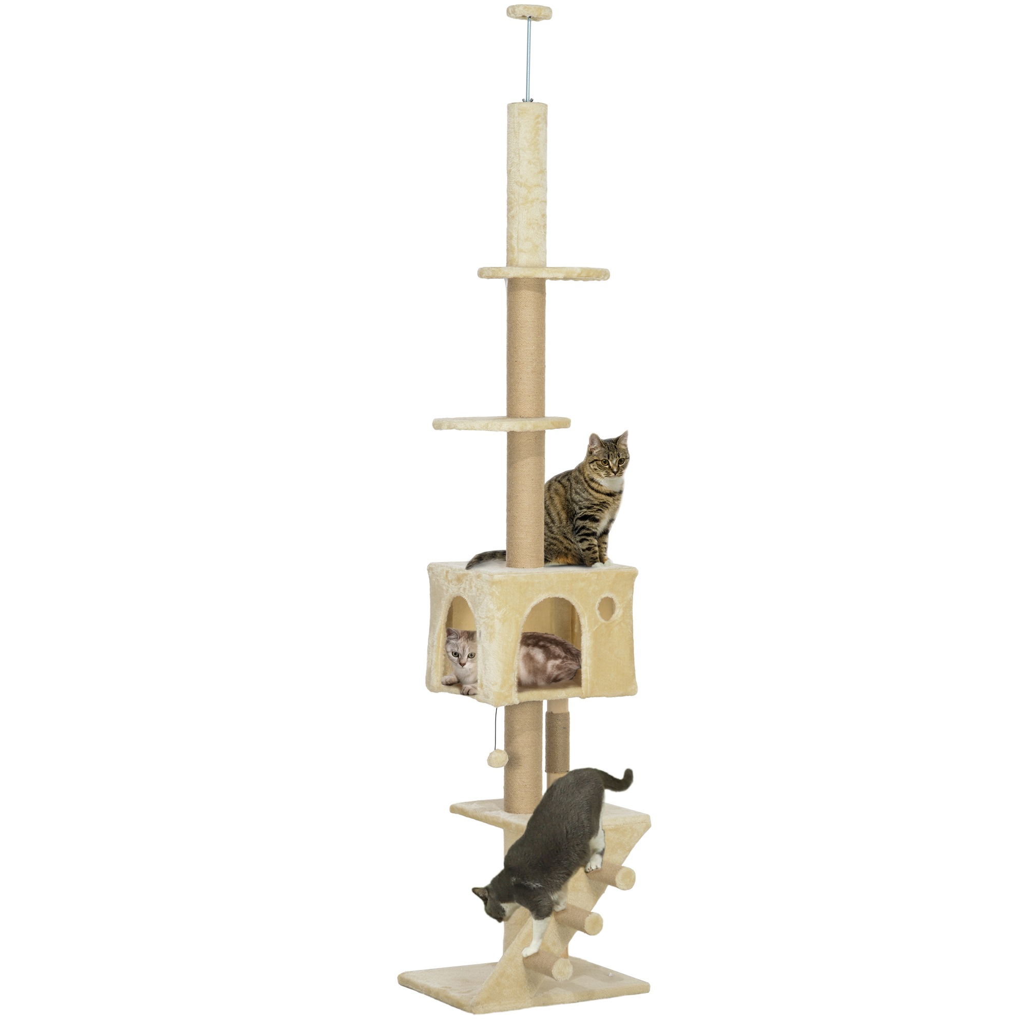 PawHut Árbol para Gatos de Suelo a Techo de 225-265 cm con Altura Ajustable Múltiples Plataformas Escalera Bola Colgante Beige