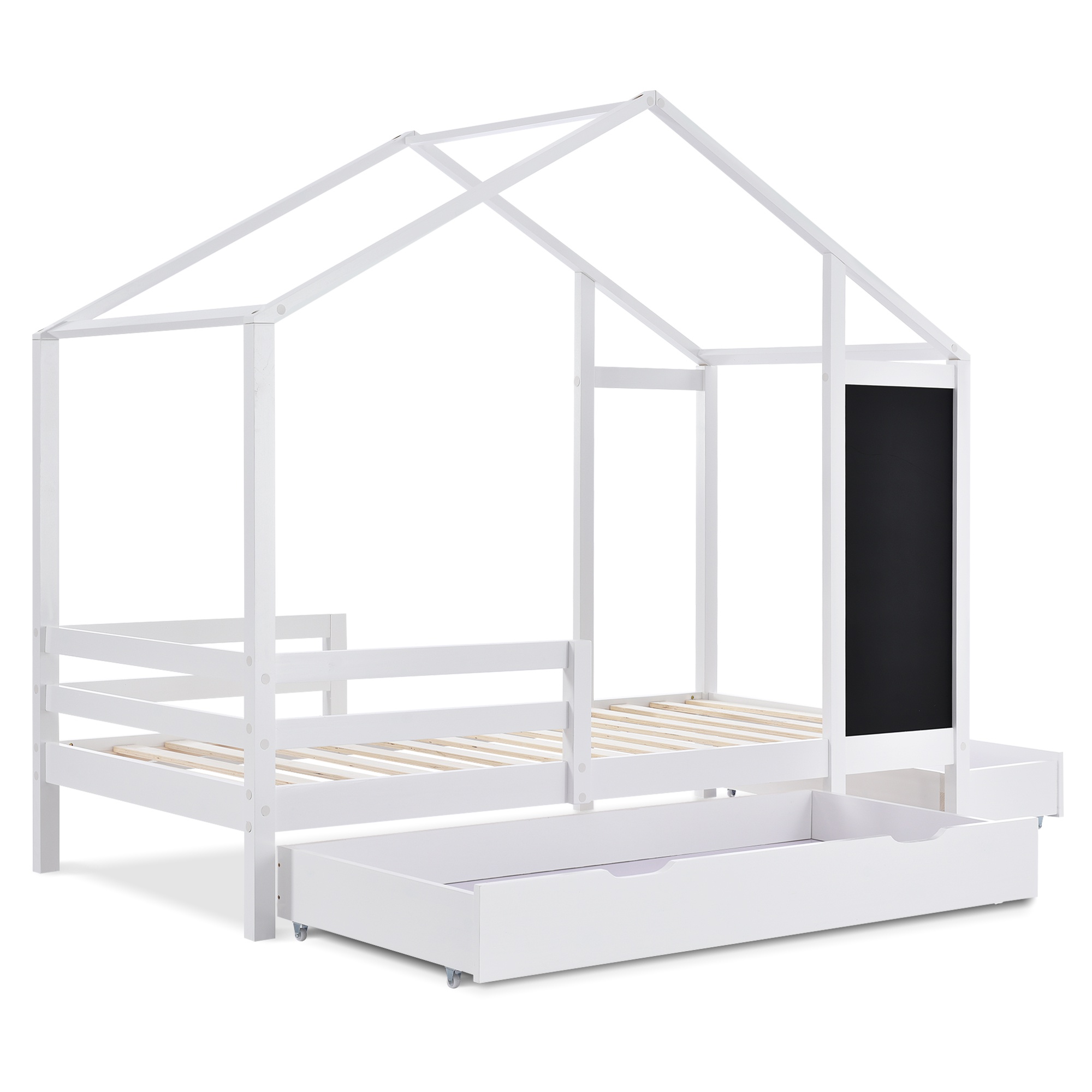 Cama Infantil 90x200 cm con Pizarra Valla y 2 Cajones Sin Colchón, Cama casita Color Blanco | Aosom España