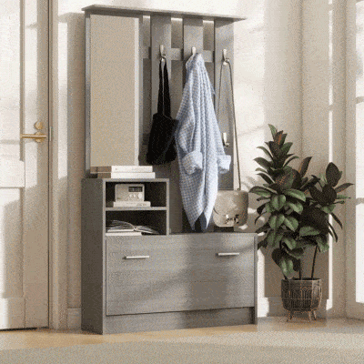 HOMCOM Set Appendiabiti, Specchio e Panca Scarpiera Grigio