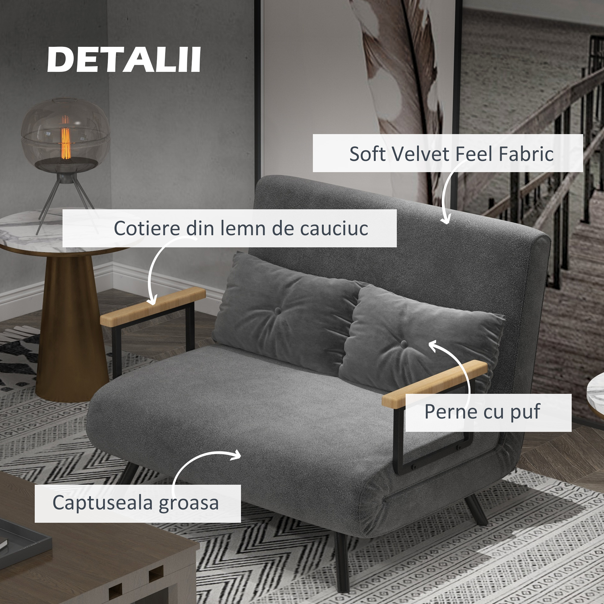  Canapea extensibila 3 in 1 din material cu efect de catifea cu spatar reglabil si 2 perne, 102x73x81 cm, gri inchis [5]