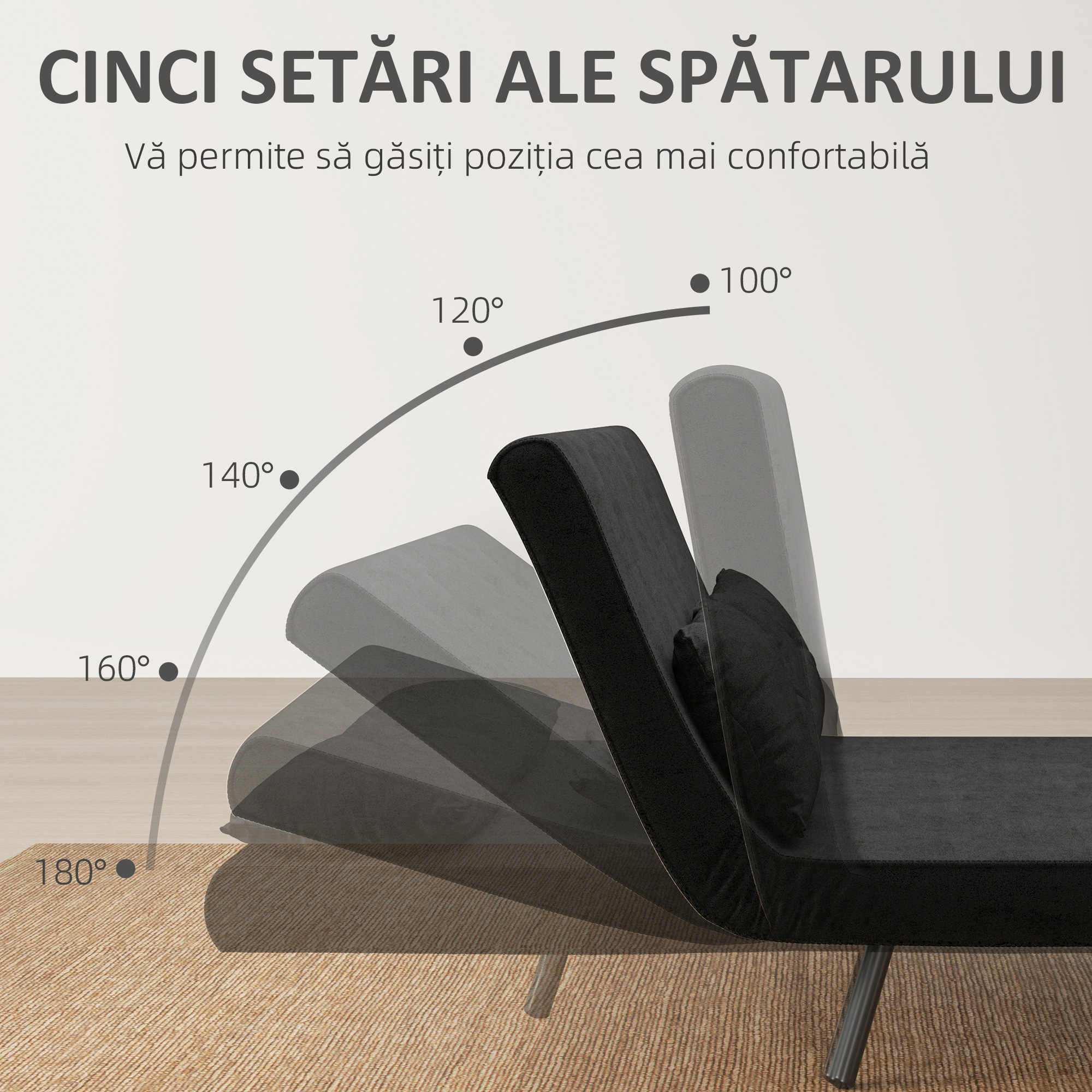  Canapea extensibila 3 in 1 din material cu efect de catifea, cu spatar reglabil si 2 perne, 102x73x81 cm, negru [4]