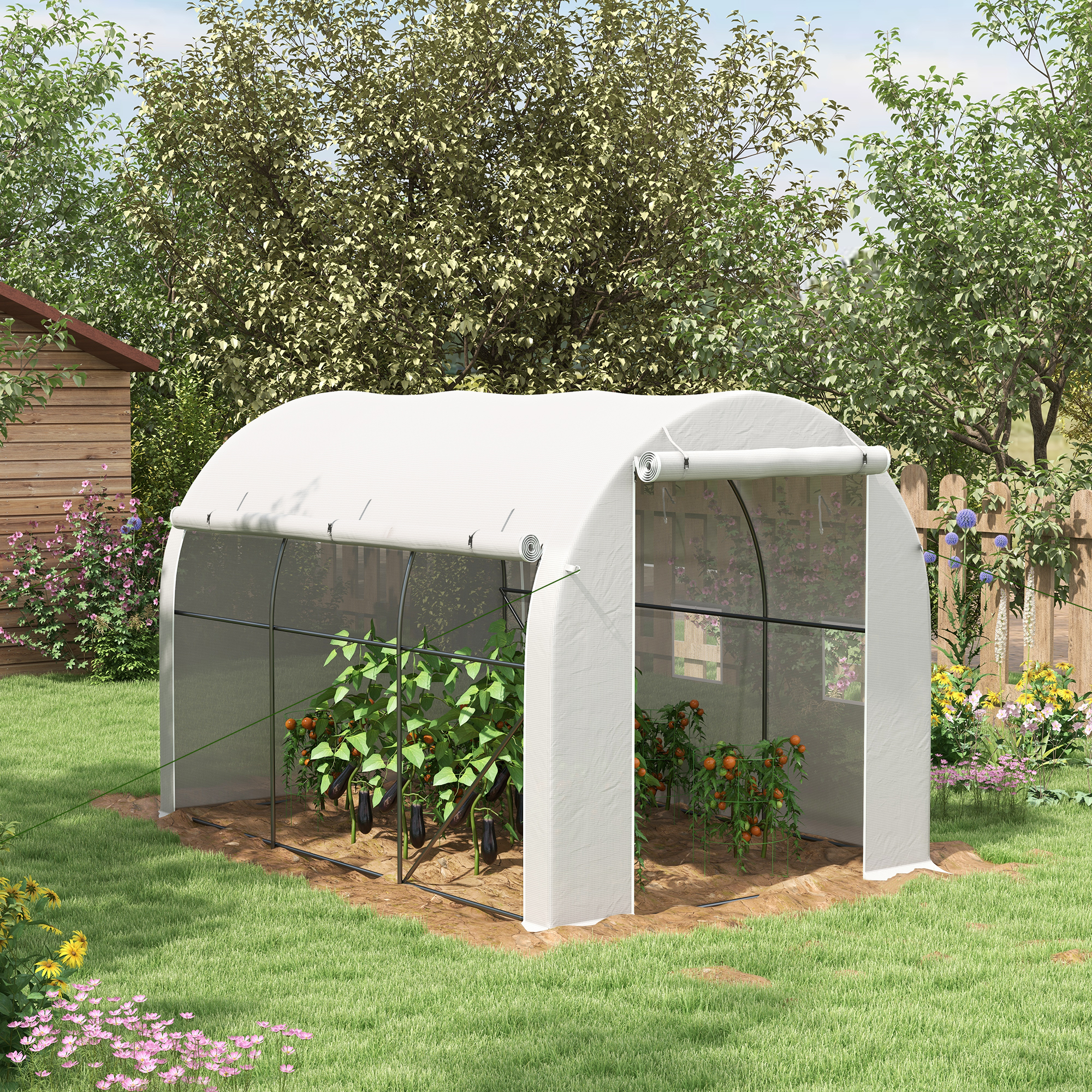 Outsunny 296 x 196cm Steel Frame Polytunnel Greenhouse White 2