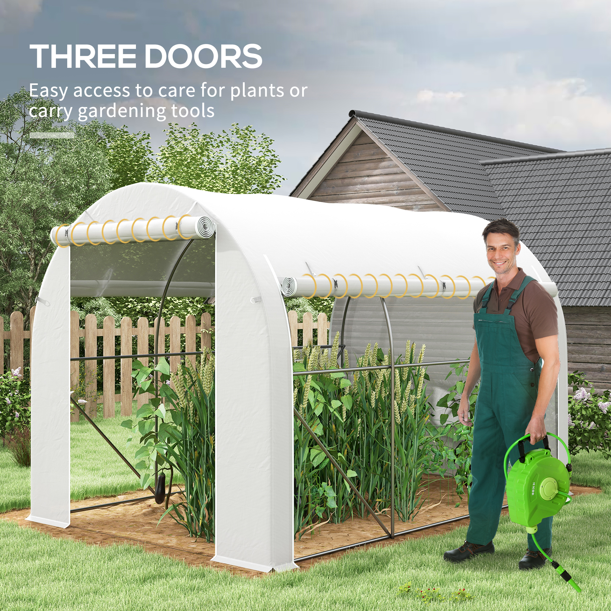 Outsunny 296 x 196cm Steel Frame Polytunnel Greenhouse White 5
