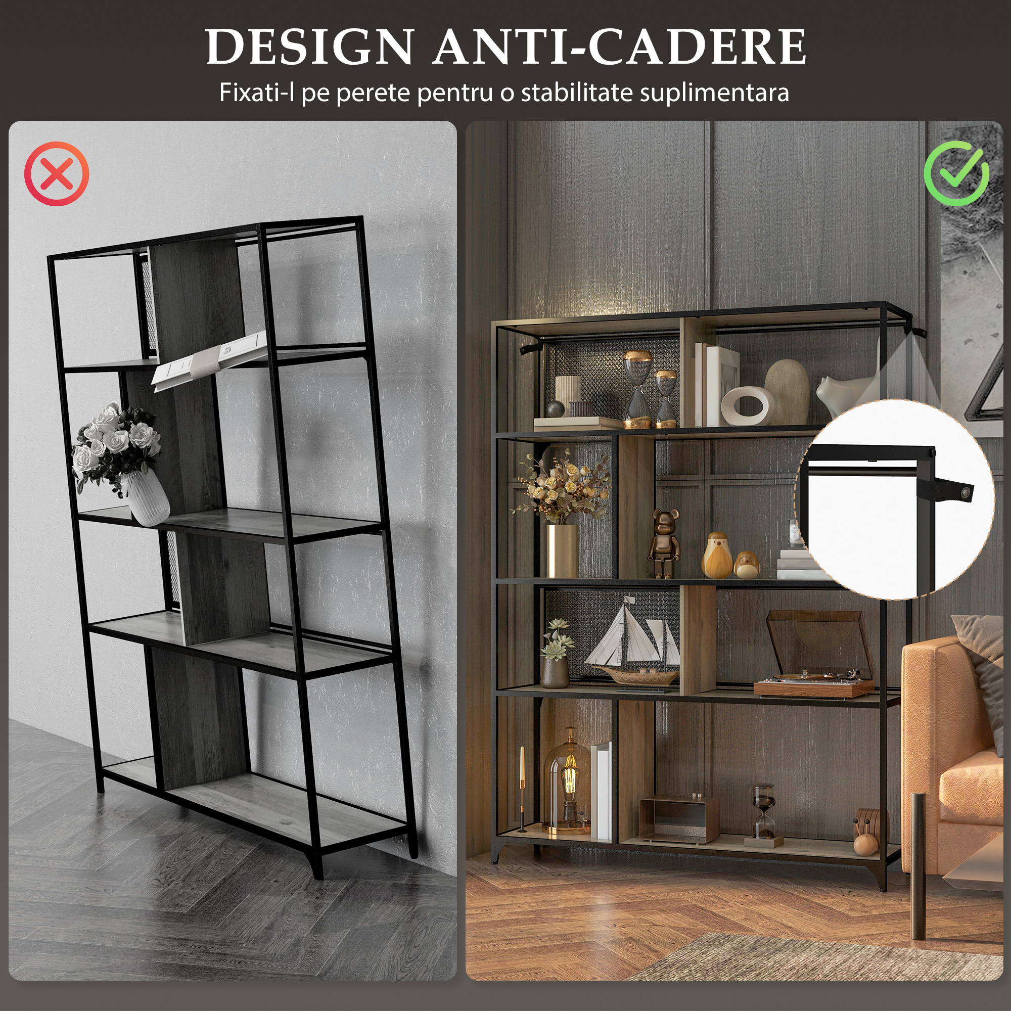  Etajera Industriala cu 5 Niveluri si 2 Usi Culisante, Raft pentru Carti din Lemn si Otel, 120x30x161 cm, Gri [6]