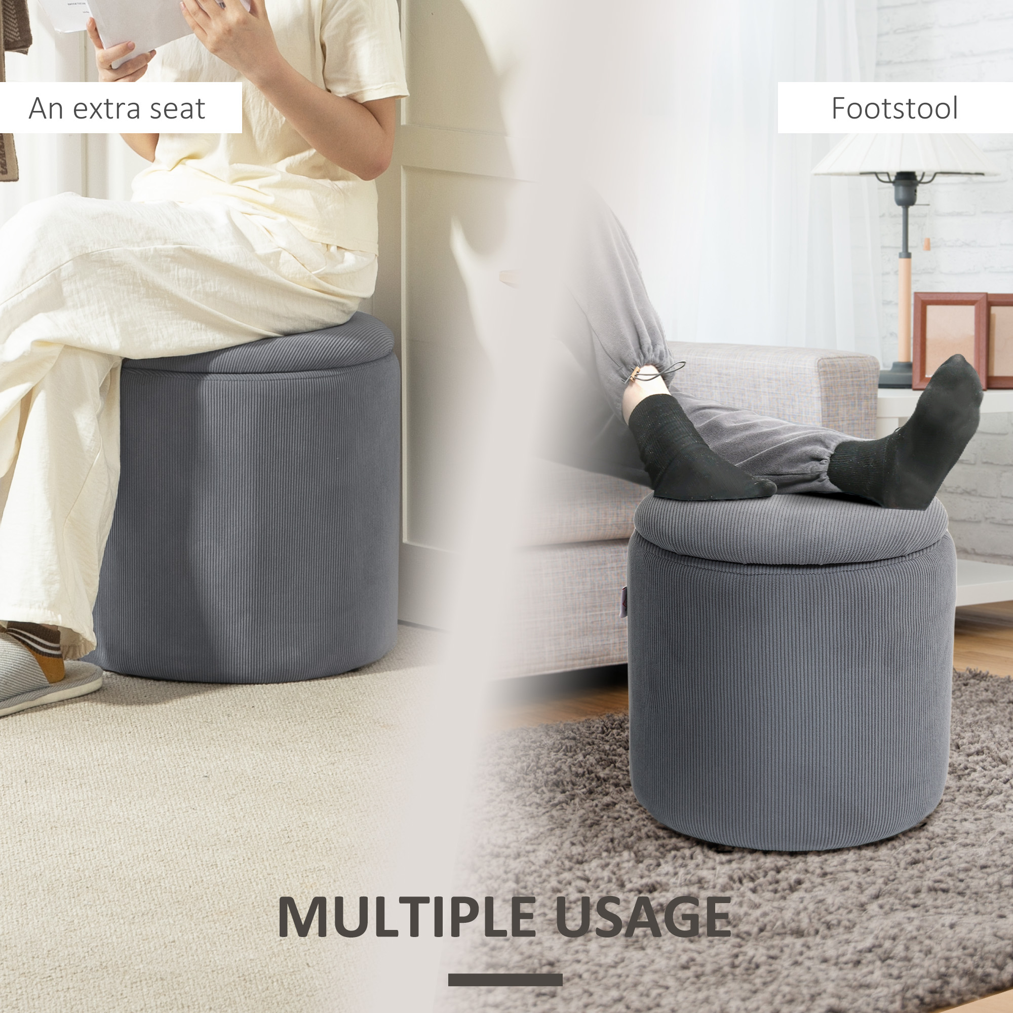 HOMCOM Set of Two Corduroy Storage Ottomans Grey 7