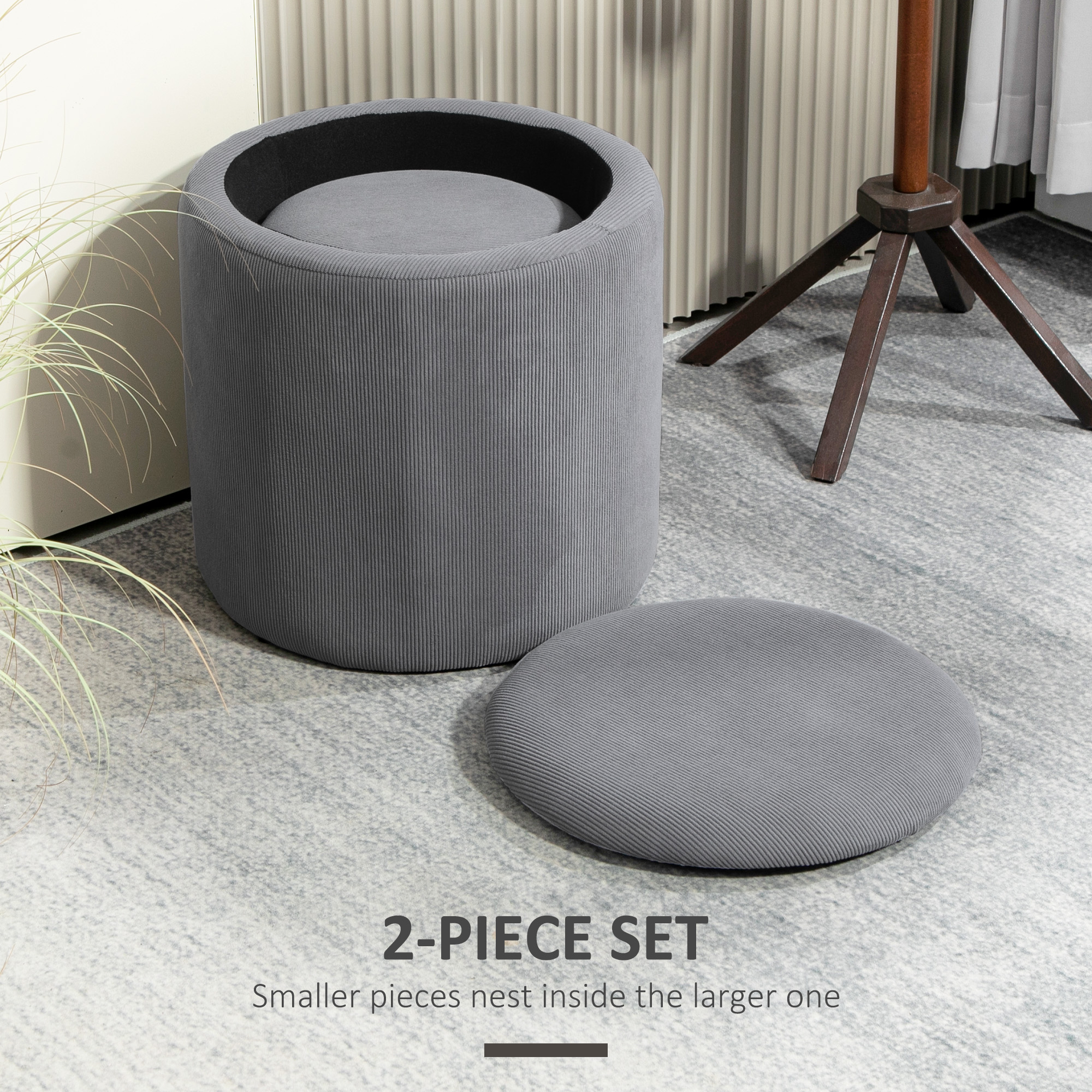 HOMCOM Set of Two Corduroy Storage Ottomans Grey 4
