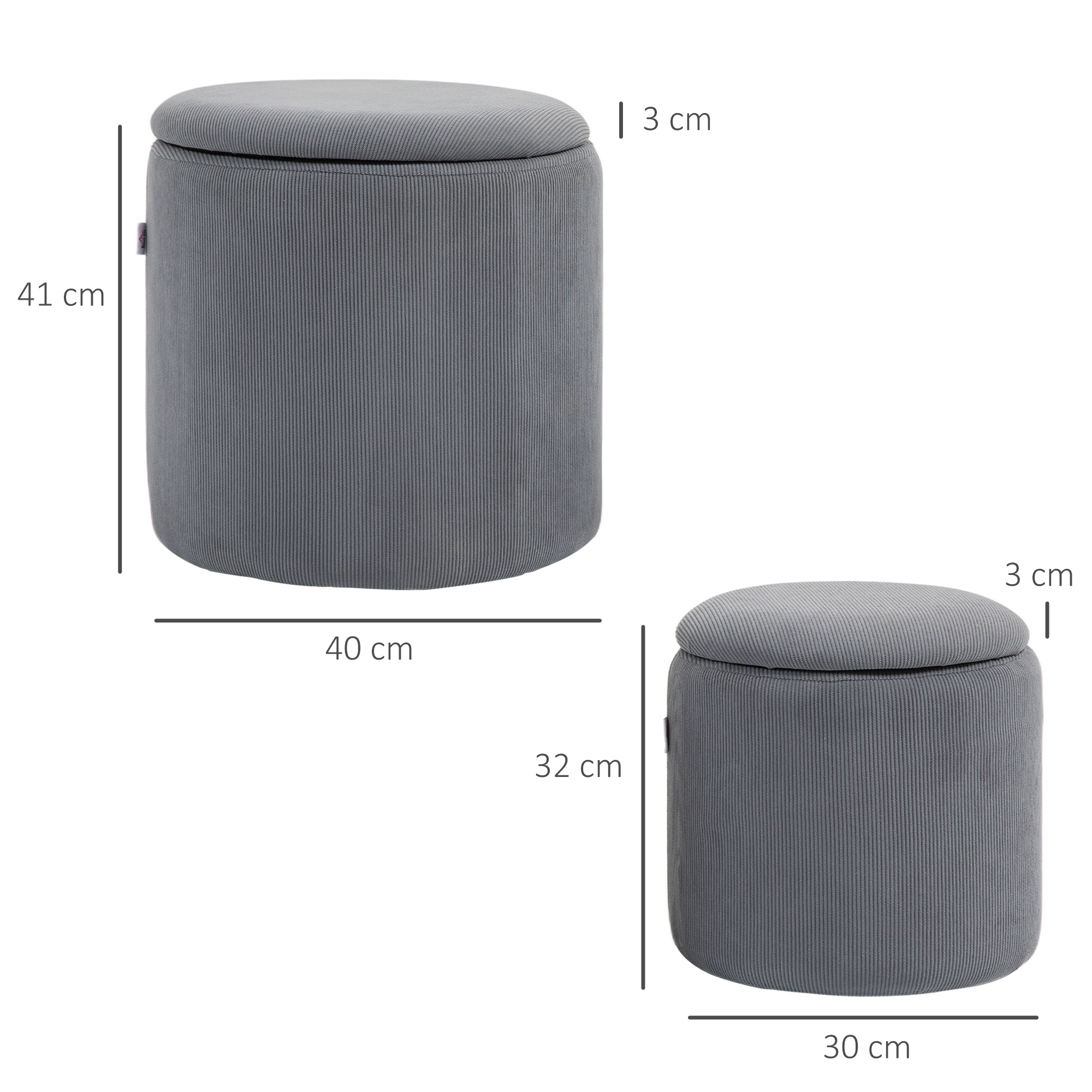 HOMCOM Set of Two Corduroy Storage Ottomans Grey 3