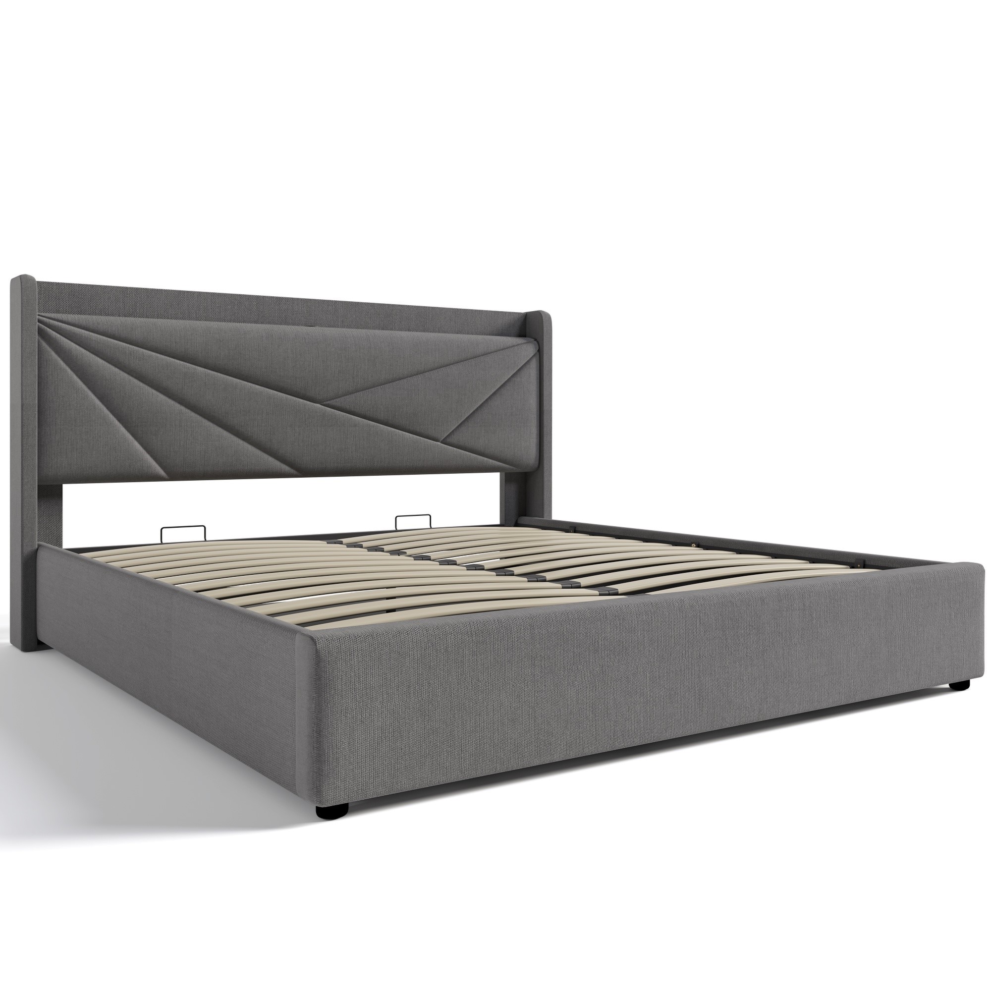 Lit Rembourré Multifonctionnel 180x200cm Avec Ports USB, Tablettes Et Rangement Hydraulique - Beige