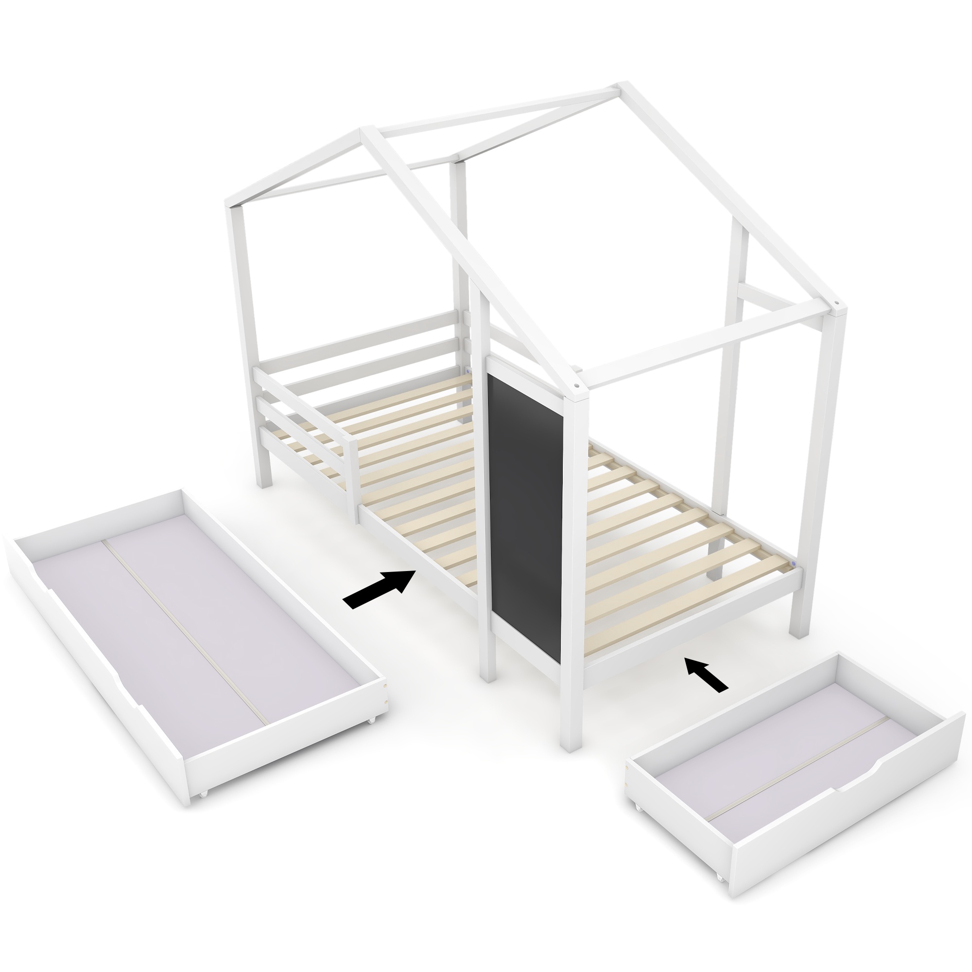 Lit Enfant évolutif 90x200 Cm En Bois Massif (pin) - Avec Barrières De Sécurité Amovibles Et Petite Porte, Sommier Inclus | Pour Fille Et Garçon