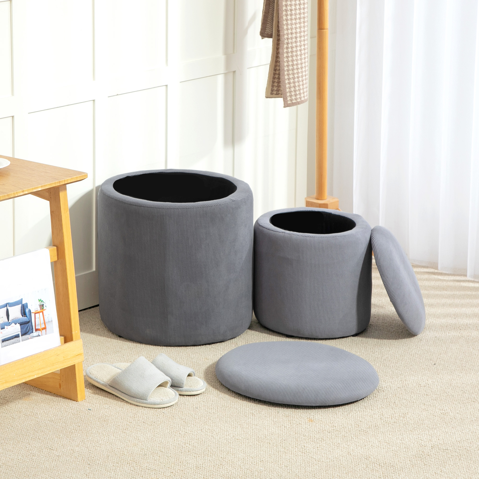 HOMCOM Set of Two Corduroy Storage Ottomans Grey 2