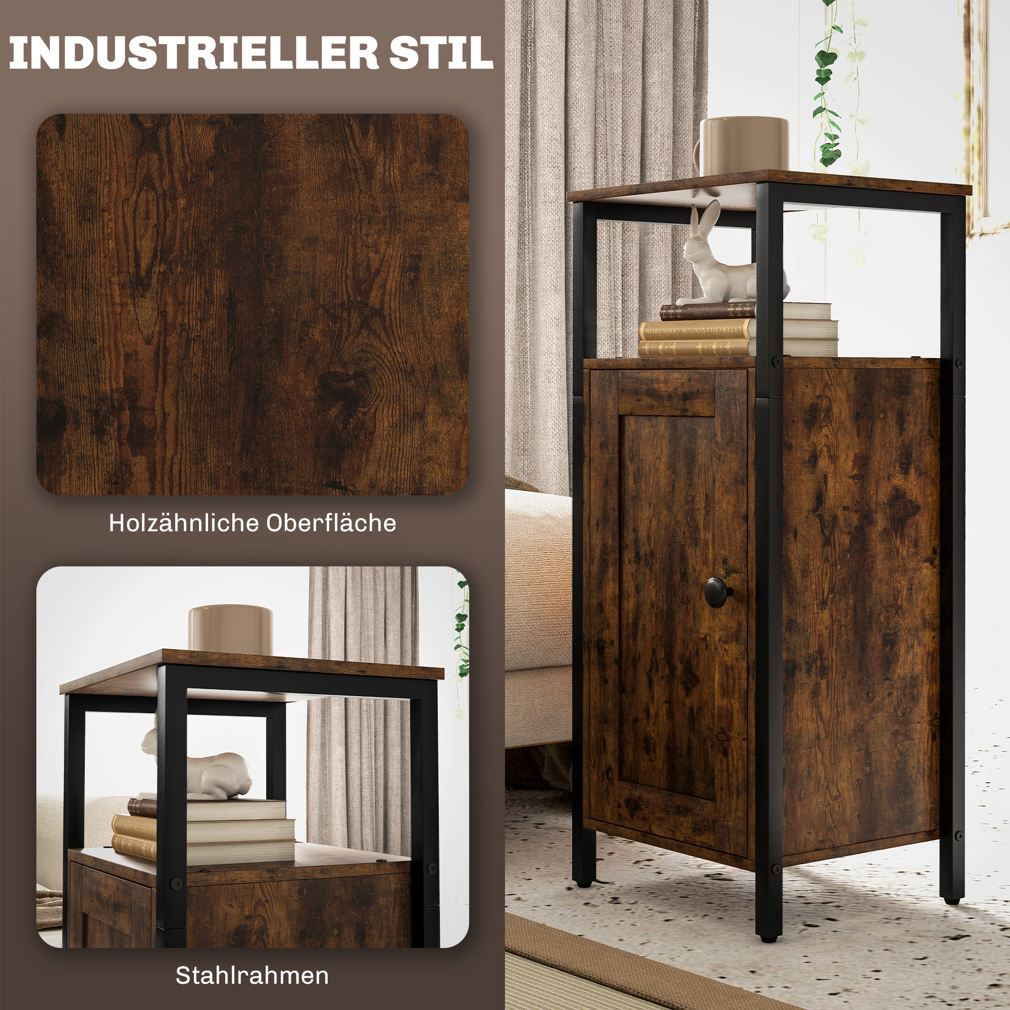 HOMCOM Bijzettafel, smal nachtkastje met 2 opbergplanken, industriële