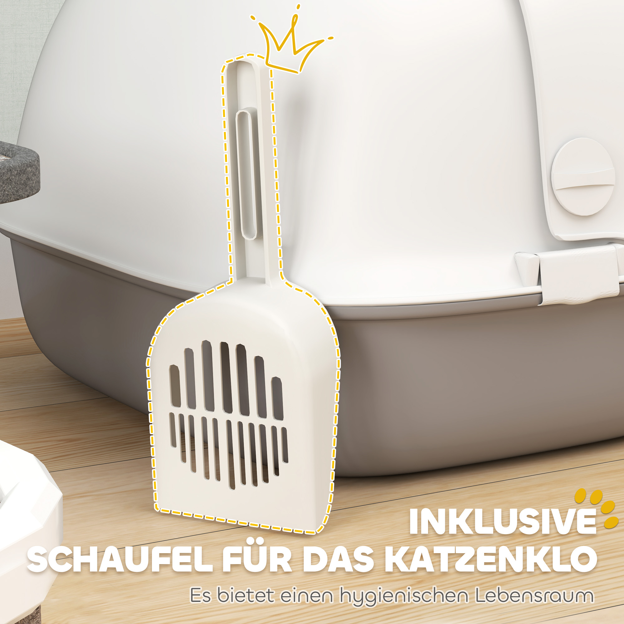 Vector kattenbak met schepje Stijlvolle kattenbak met kattenvuller Kattenzand in het toilet