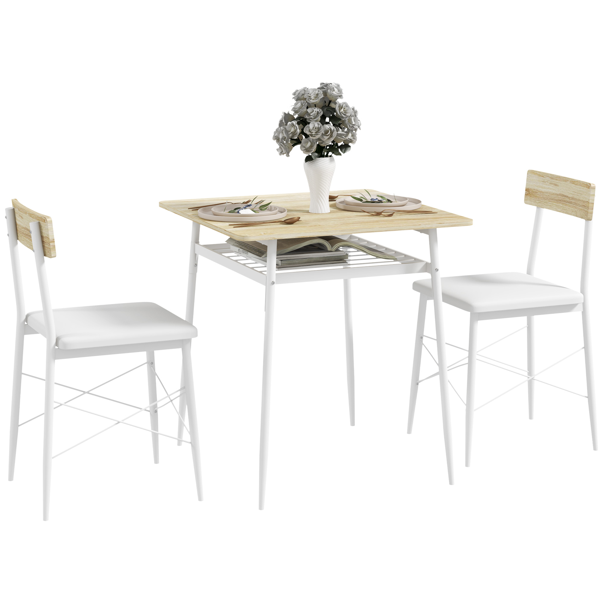 HOMCOM Conjunto de Mesa y Sillas de Comedor de 3 Piezas con Estante Abierto Estructura de Acero Blanco y Roble