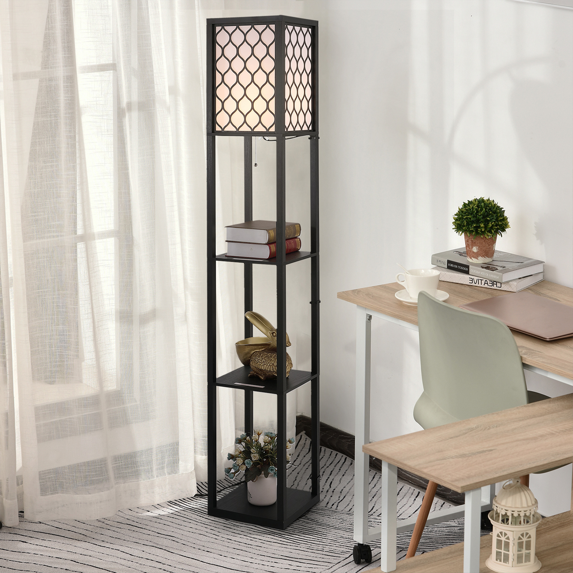 HOMCOM Shelf Floor Lamp Standing Lamp W/4-tier Wooden Open Shelves,26L x 26W x 160Hcm-Black/White 9