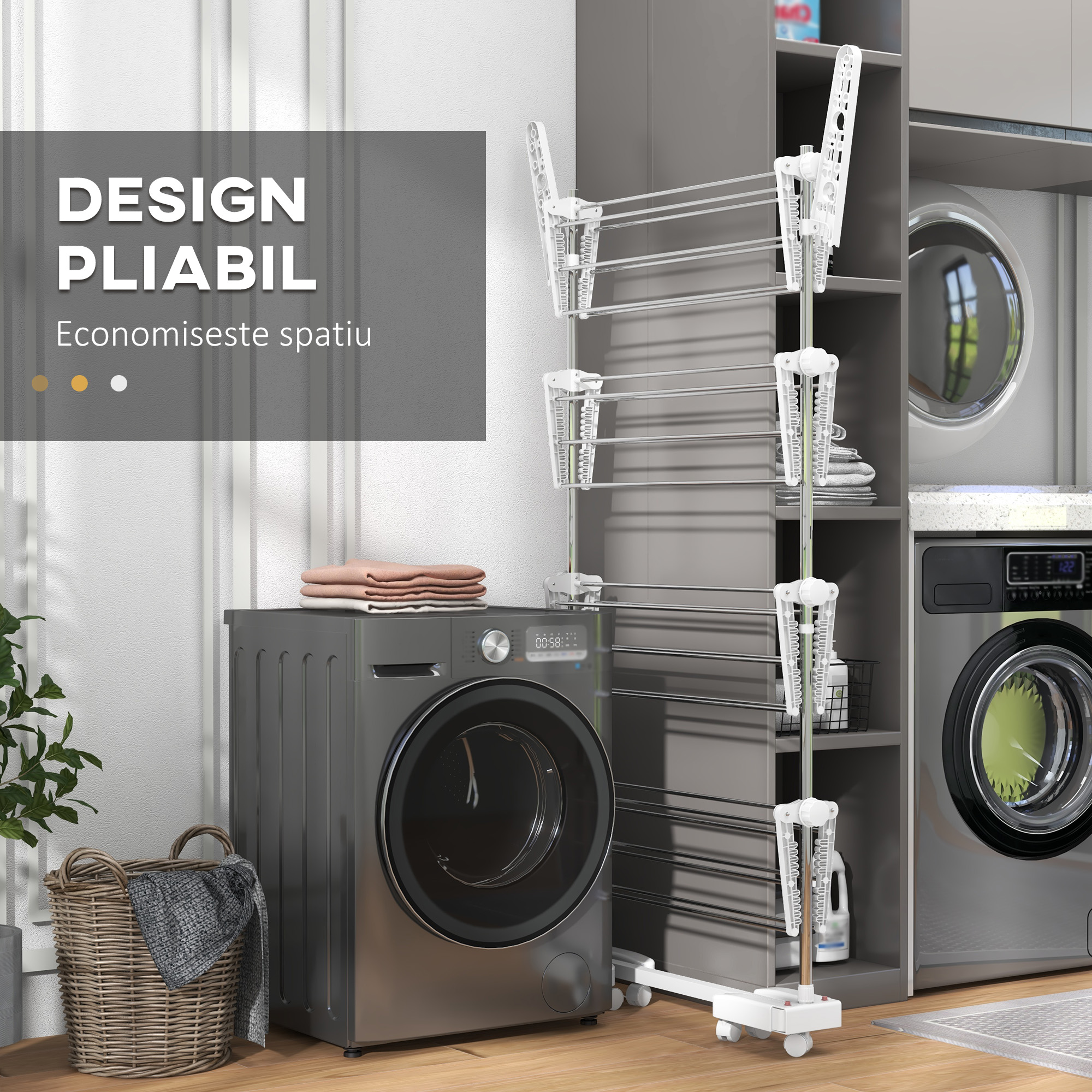  Uscator de Rufe Vertical Pliabil cu 6 Roti, Carlige si 4 Rafturi Reglabile, 142x55x172 cm, Alb [6]