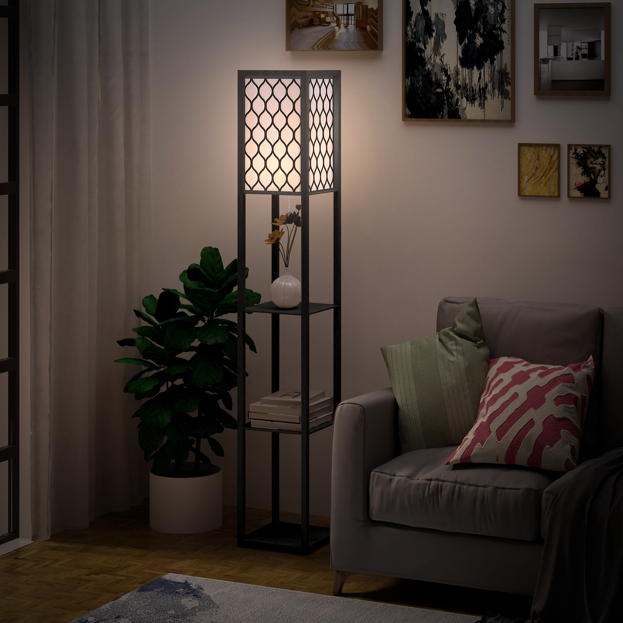 HOMCOM Shelf Floor Lamp Standing Lamp W/4-tier Wooden Open Shelves,26L x 26W x 160Hcm-Black/White 2