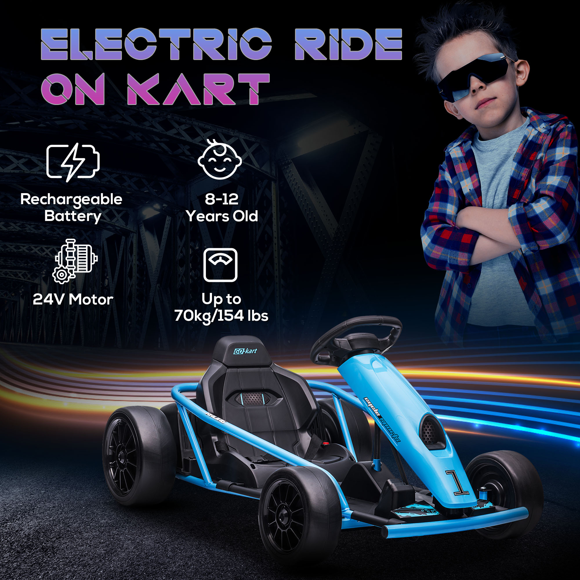 HOMCOM 24V Drift Kart, Electric Ride-On Racing Go Kart w/ 2 Speeds, Steering Wheel, Pedals for Kids Aged 8-12, Blue 4
