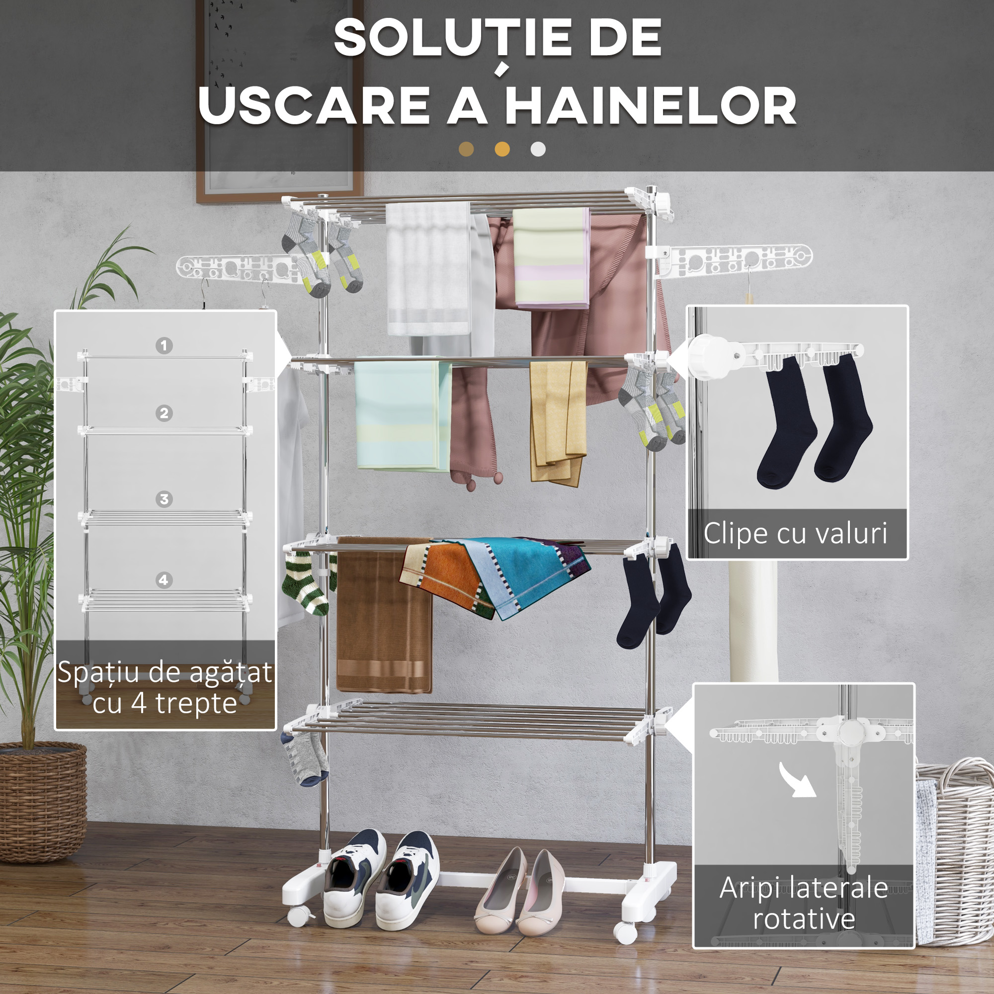  Uscator de Rufe Vertical Pliabil cu 6 Roti, Carlige si 4 Rafturi Reglabile, 142x55x172 cm, Alb [5]