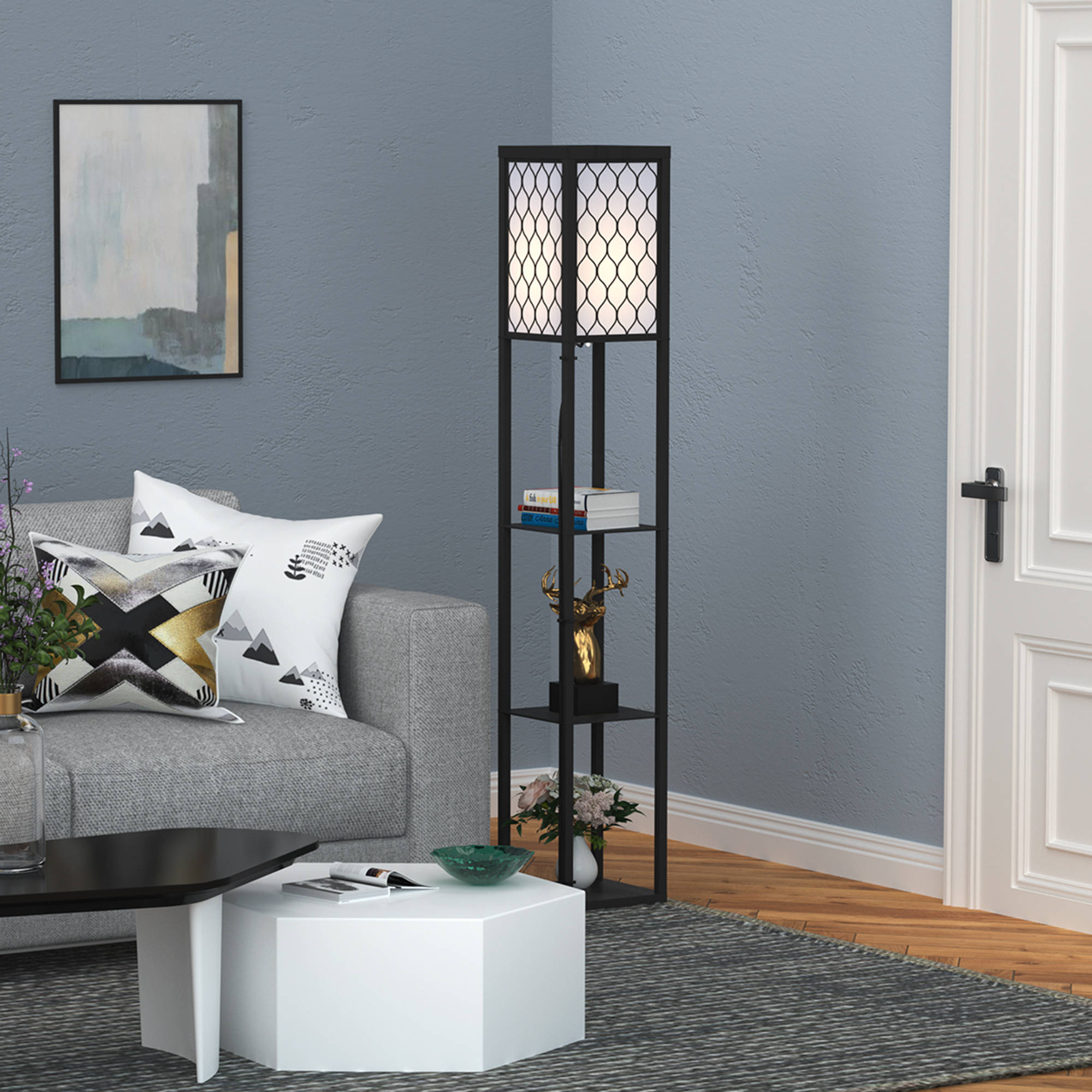 HOMCOM Shelf Floor Lamp Standing Lamp W/4-tier Wooden Open Shelves,26L x 26W x 160Hcm-Black/White 8