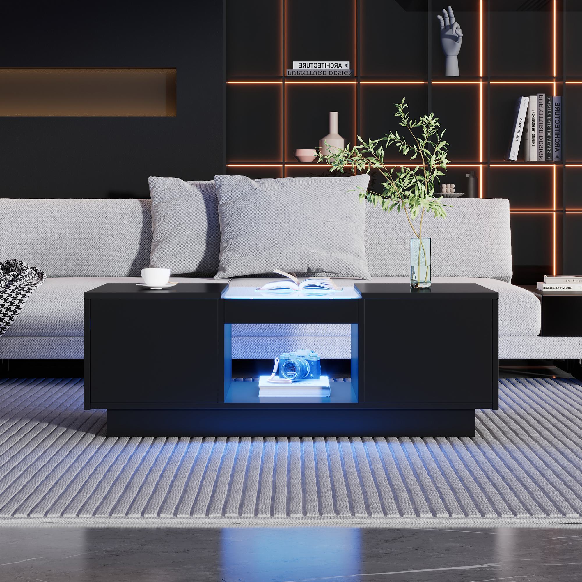 Table basse, Table de salon noire avec revêtement, Table carré, Table basse verre, éclairage LED, contrôle par application, Noir
