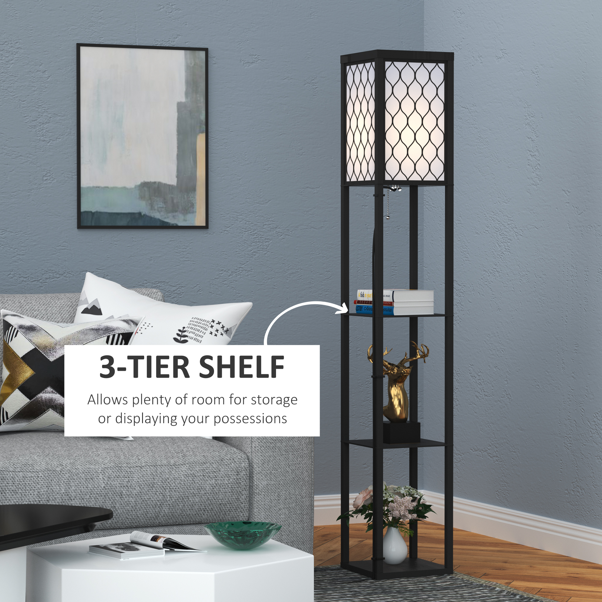 HOMCOM Shelf Floor Lamp Standing Lamp W/4-tier Wooden Open Shelves,26L x 26W x 160Hcm-Black/White 6