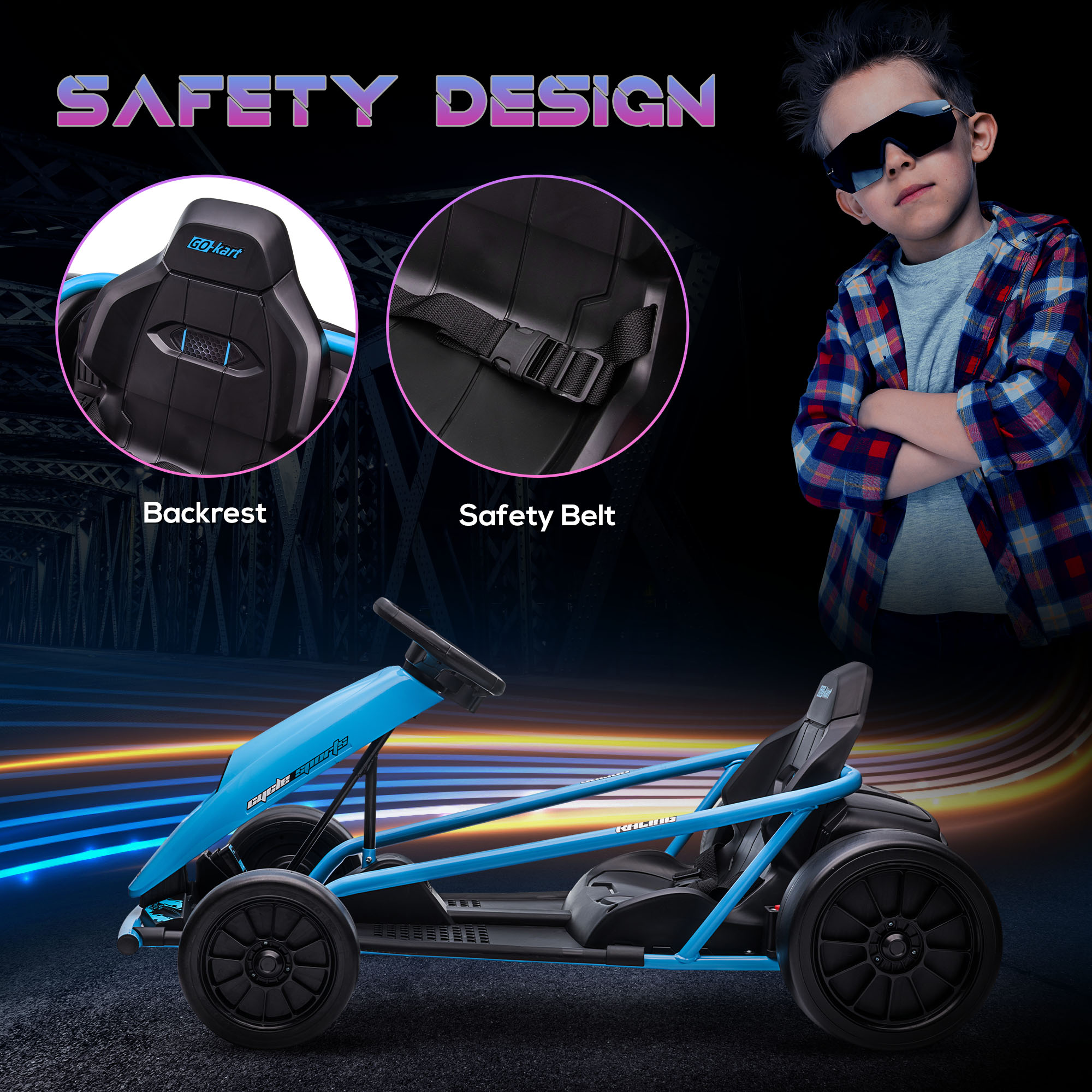 HOMCOM 24V Drift Kart, Electric Ride-On Racing Go Kart w/ 2 Speeds, Steering Wheel, Pedals for Kids Aged 8-12, Blue 6