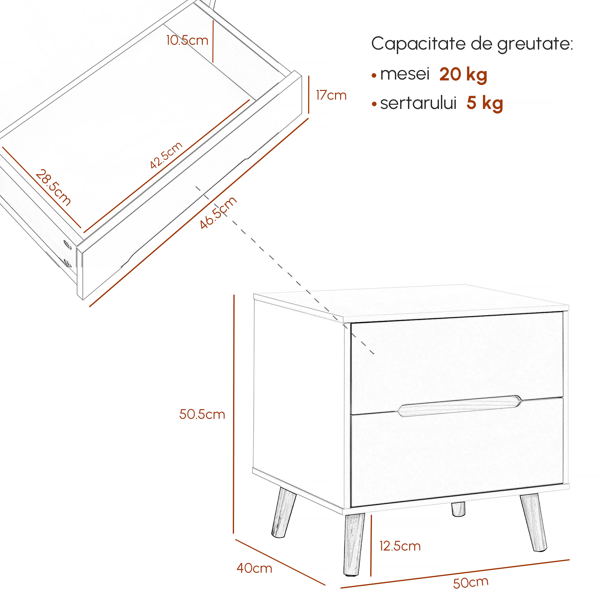  Noptiera moderna , noptiera cu 2 sertare, masuta laterala cu picioare din lemn masiv pentru living, dormitor, alb [2]