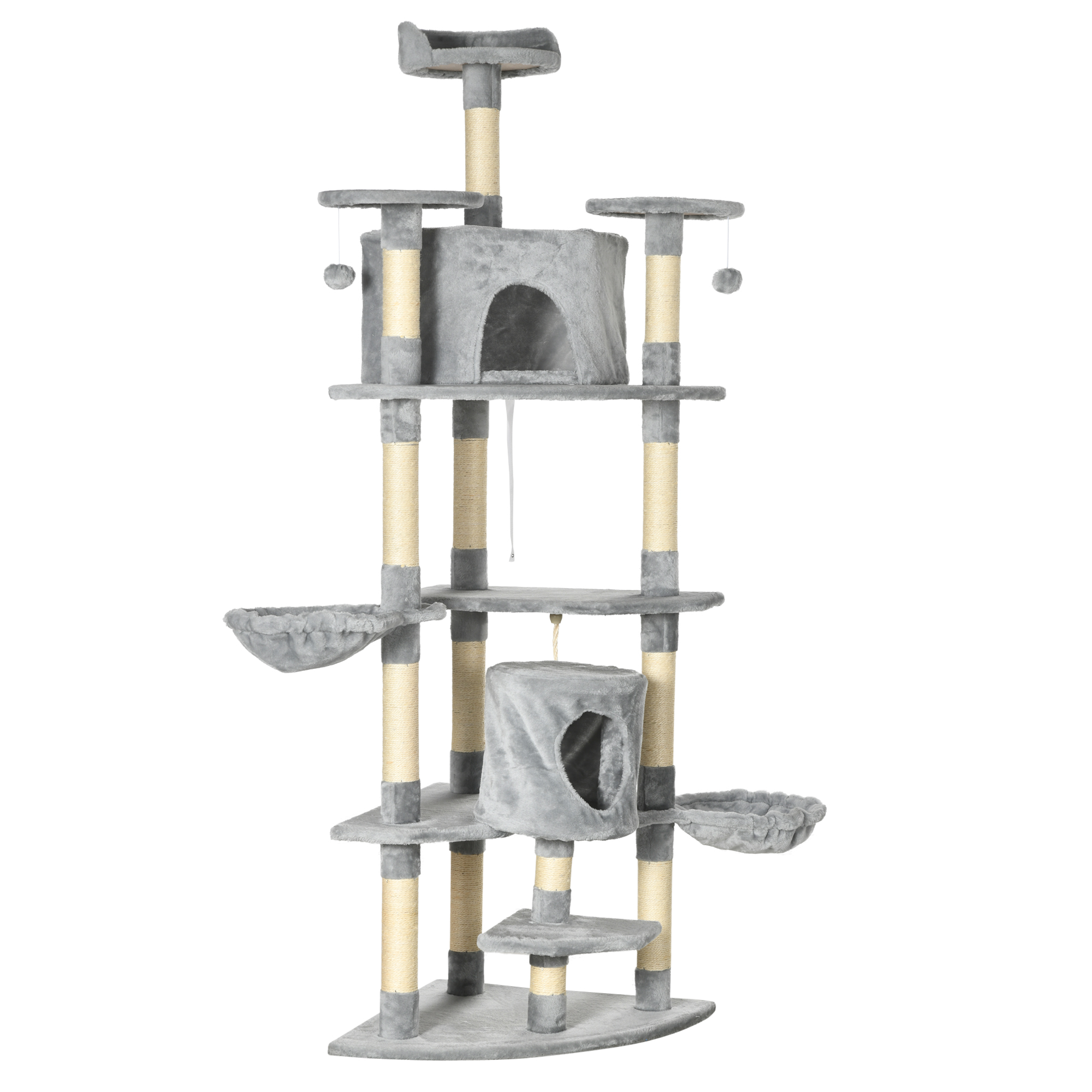 PawHut Kratzbaum Für Katzen Mit Haus, Sitzflächen Und Spielmaus – 70 Cm Hoch, Grau, Plüschbezogen