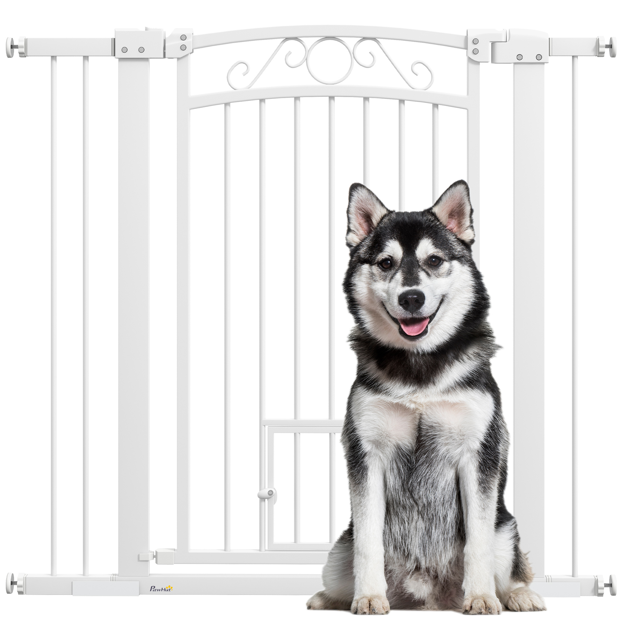 PawHut Puerta para Perros con Ancho Ajustable 76-104 cm 2 Extensiones Doble Bloqueo y Puerta Pequeña Blanco