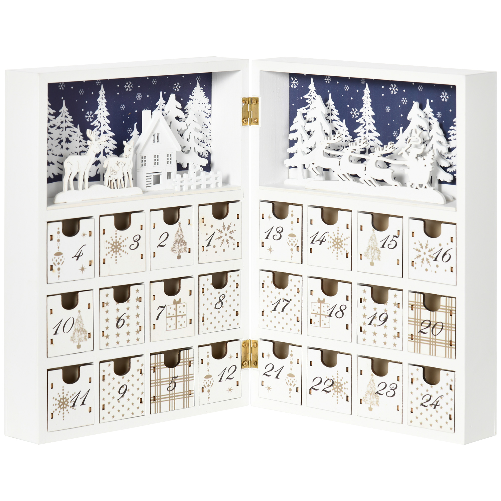 HOMCOM Calendario Dell'Avvento In Legno Con 24 Cassetti - Villaggio Natalizio Illuminato A LED, 39x9x42cm - Foto 3