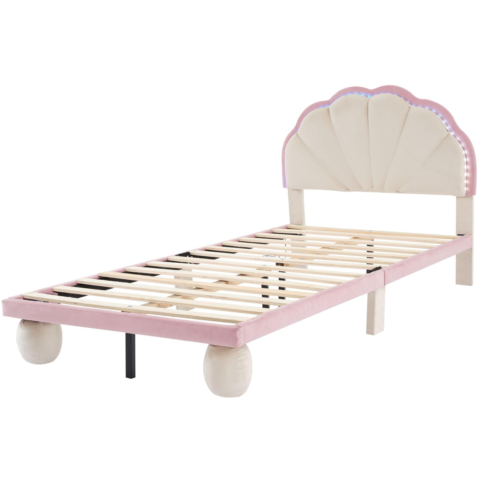 Cama tapizada con tira LED y cabecero ondulado, patas tapizadas, sin colchón, 90×200 cm, Blanco+Rosa