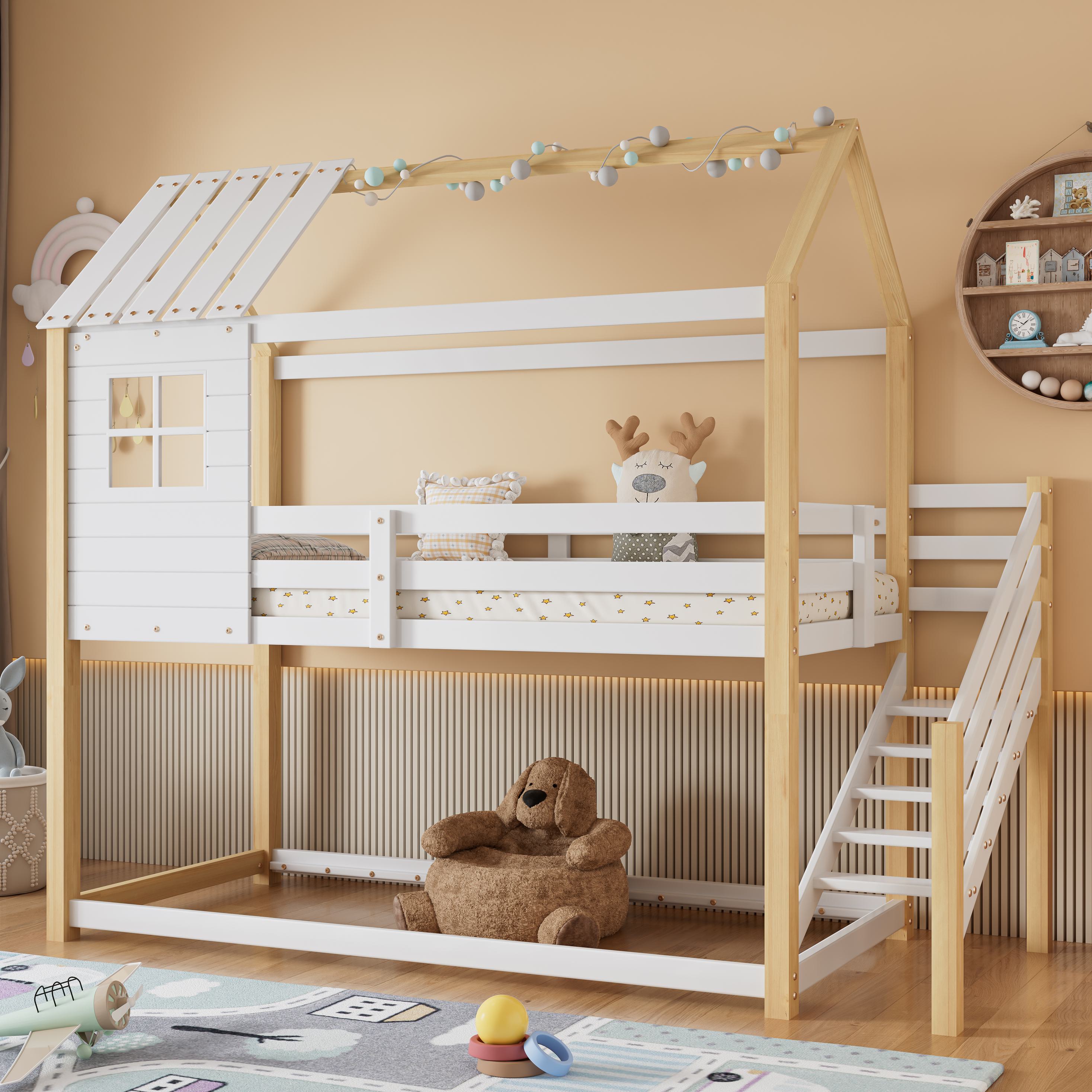 Lexiou Letto a castello con scala ad angolo retto e scivolo, letto con tetto e finestra, lettino con protezione anticaduta e griglia, telaio in pino, 30357879NAA-CL