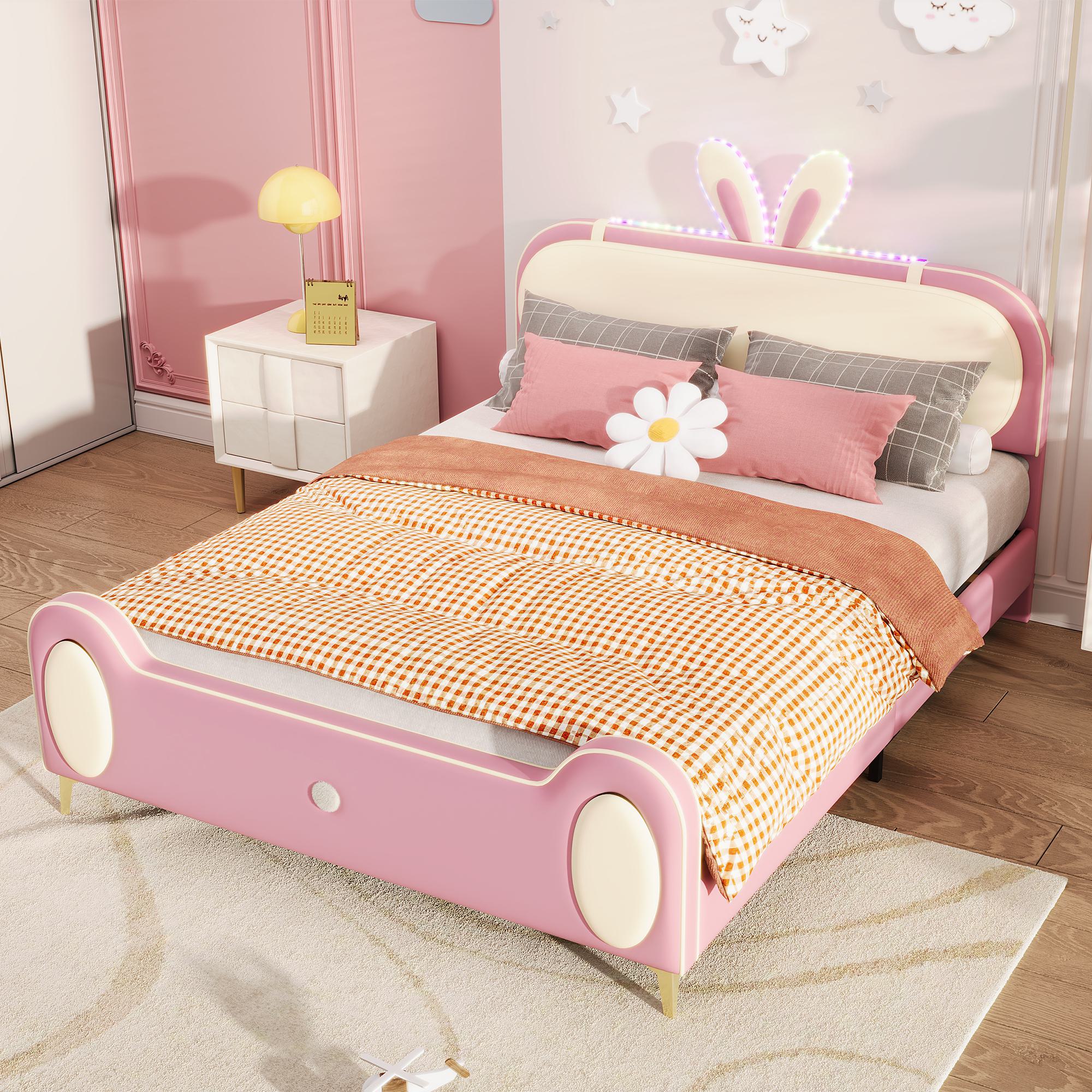 Lit Enfant 90x190 En Forme De Lapin - Rembourré, Avec 2 Tiroirs Et Sommier à Lattes - Laine Mouton Rose (sans Matelas)