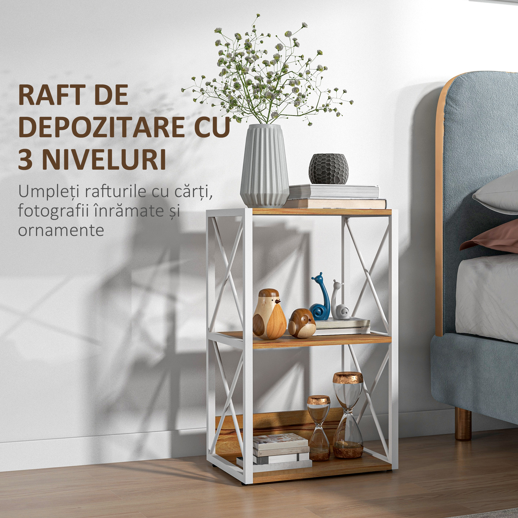  Mobilier Rastel Librarie 3 Rafturi cu Schelet in Otel Alb si Rafturi in Lemn 40x35x72.5cm [3]