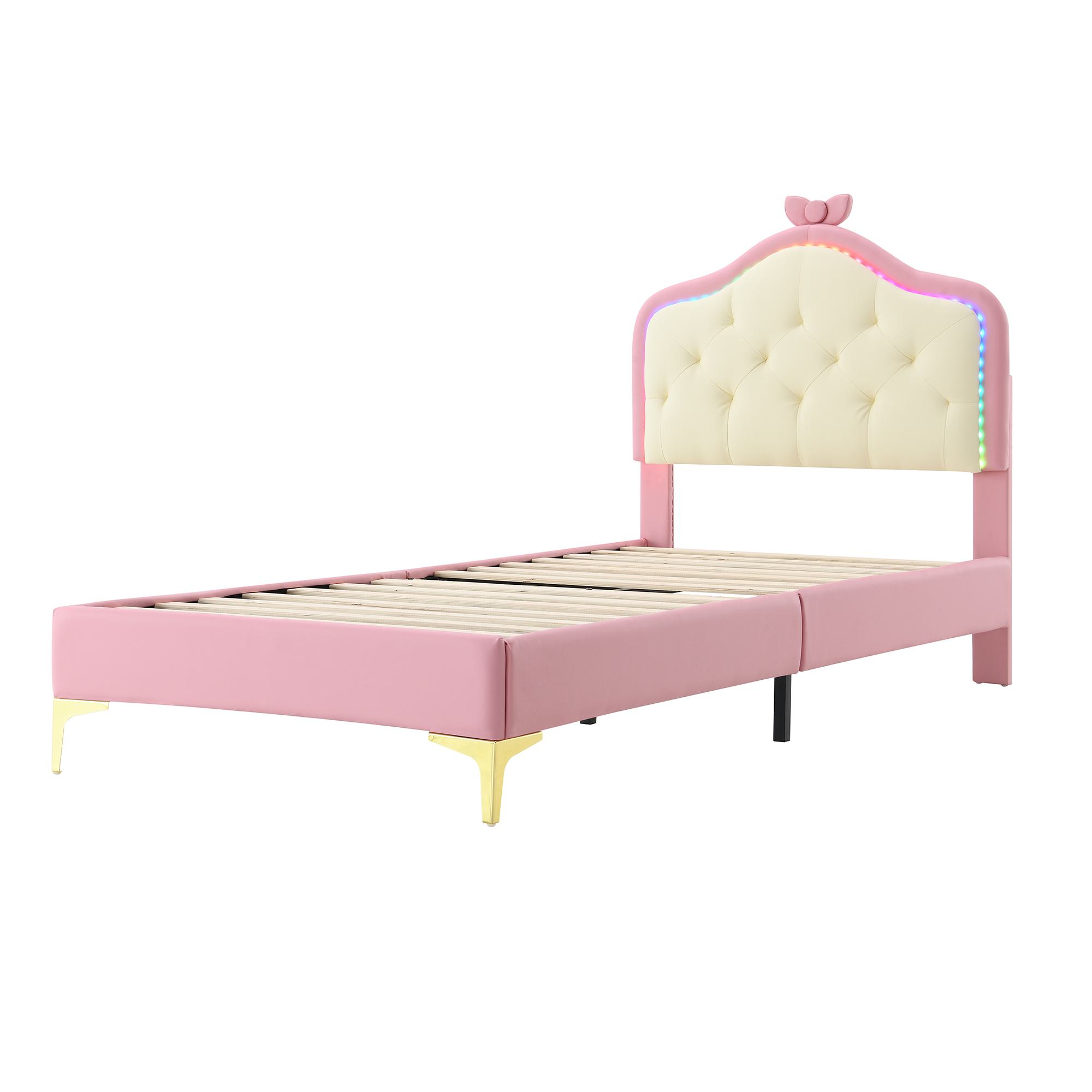 Cama acolchada con tira LED y lazo rosa, sin colchón, 90×200 cm, Blanco+Rosa