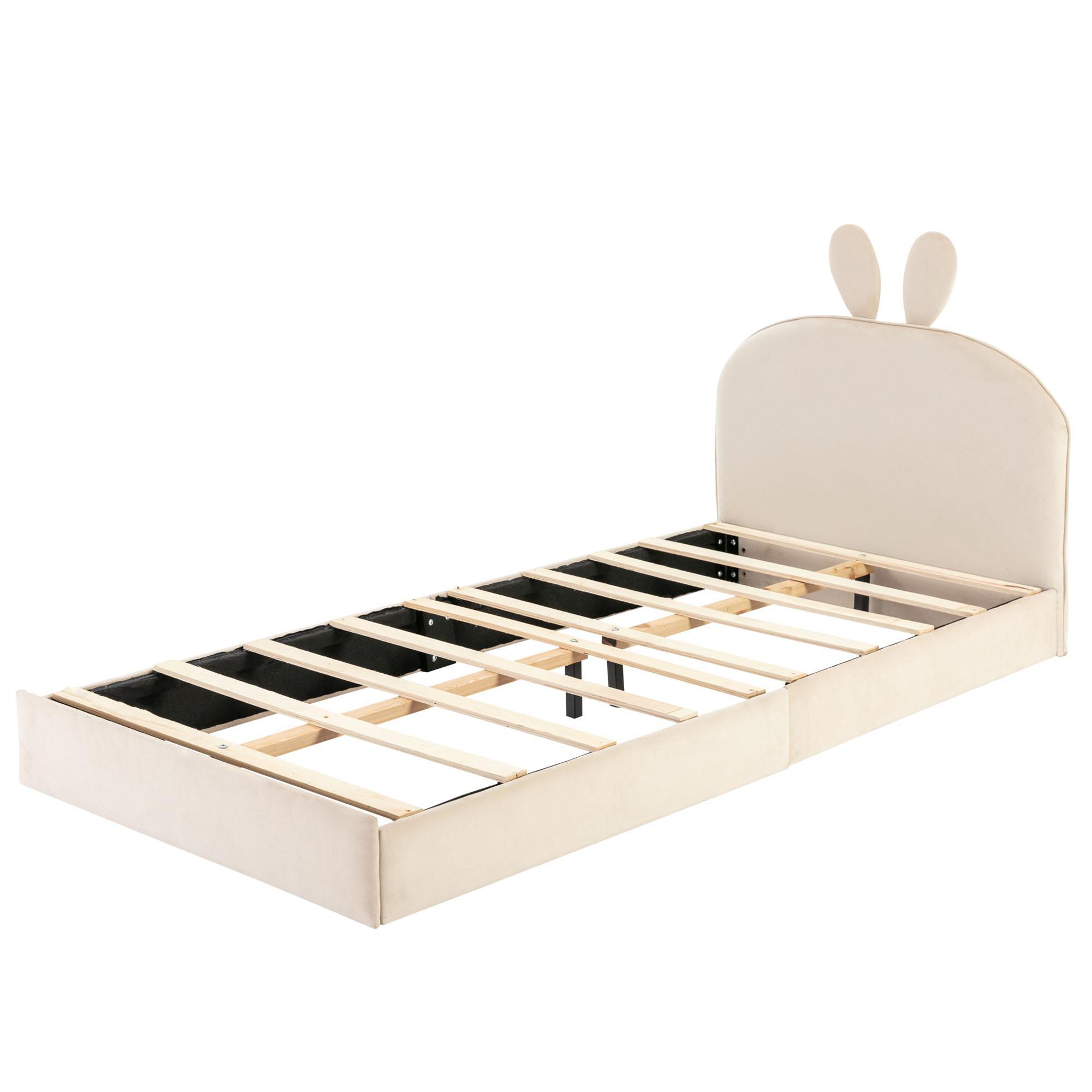 Cama tapizada con cabecero en forma de conejo, cama infantil con lamas de madera, sin colchón, 90×200 cm, Beige