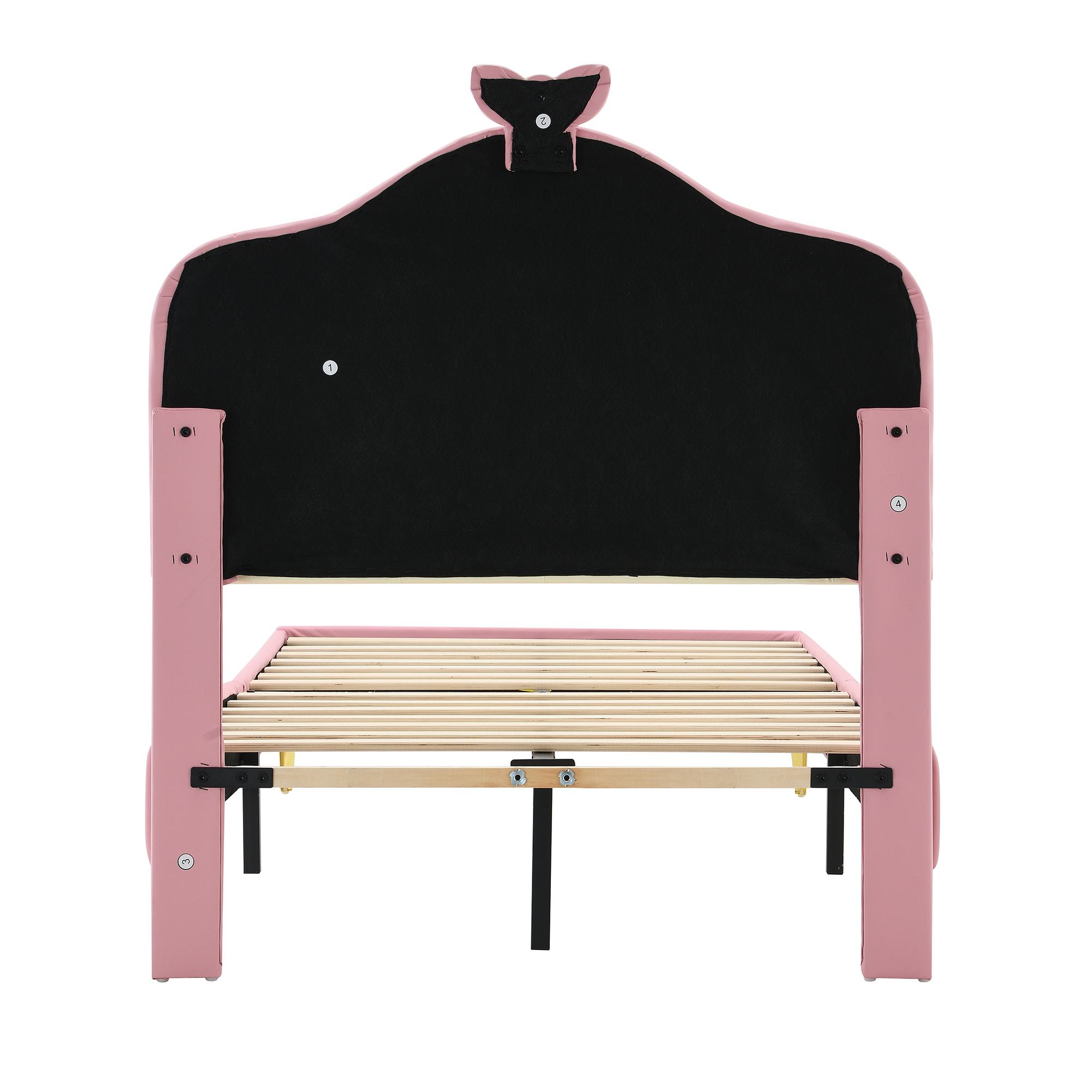 Letto Singolo Imbottito A Forma Di Nuvola – Struttura In PU Rosa Con Fiocco, Doghe In Legno E Luci LED Multicolori, 205x97 Cm