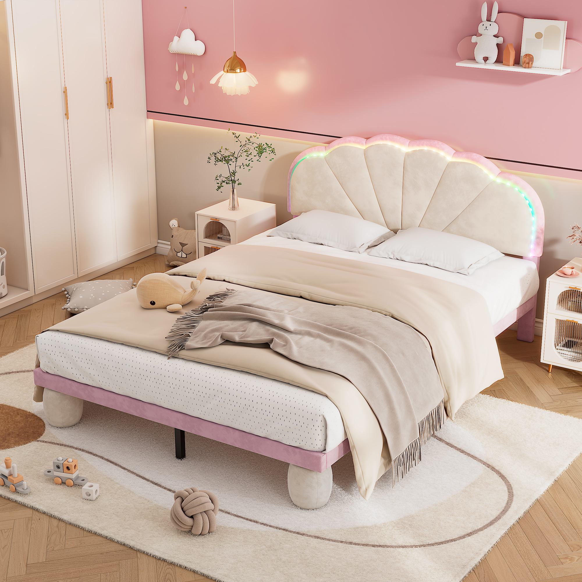 Lit rembourré, Lit double, Lit 2 places avec bandes lumineuses multicolores et tête de lit ondulée, sans matelas, Blanc+Rose