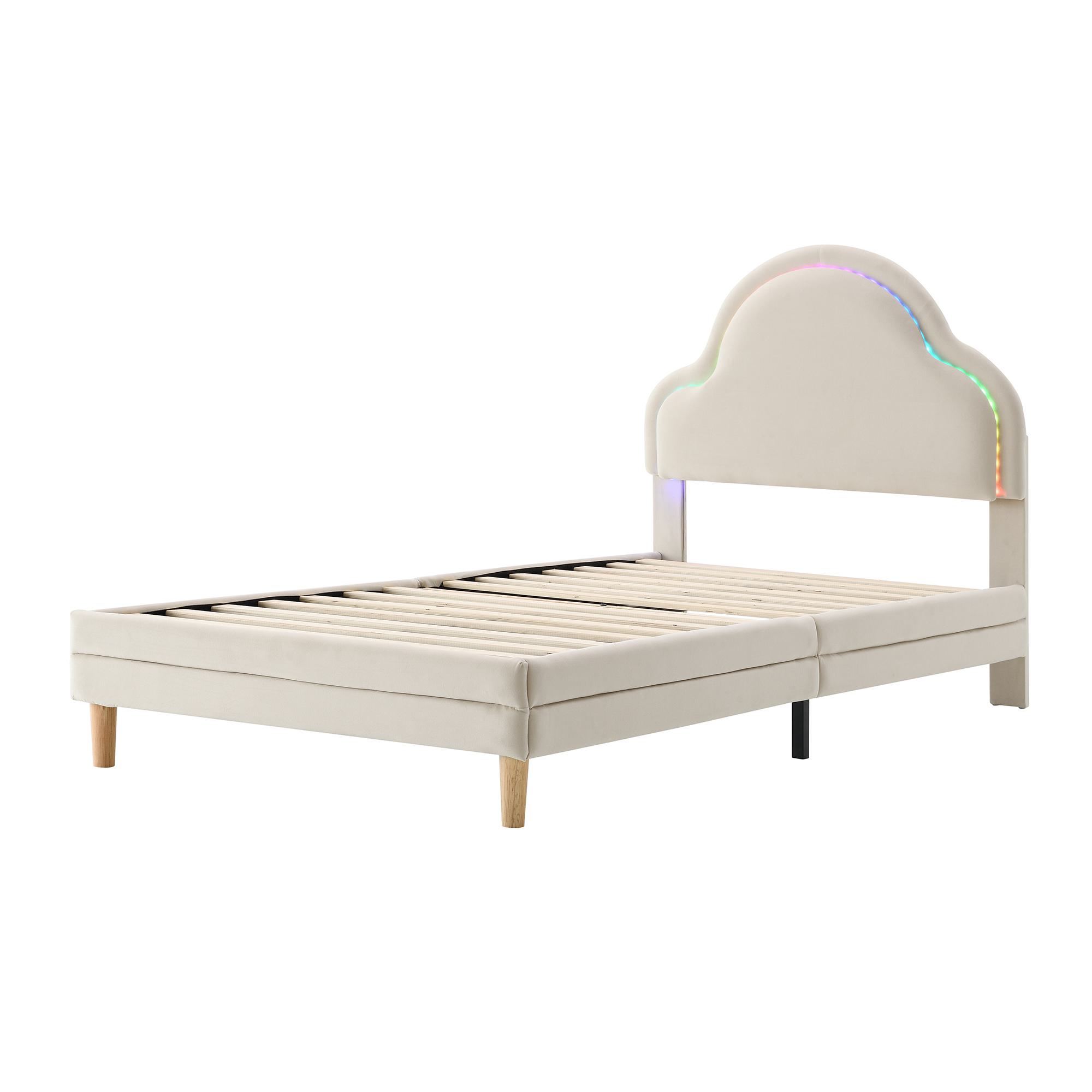 Cama tapizada con cabecero en forma de nube y tira LED, sin colchón, 90x200 cm, Blanco