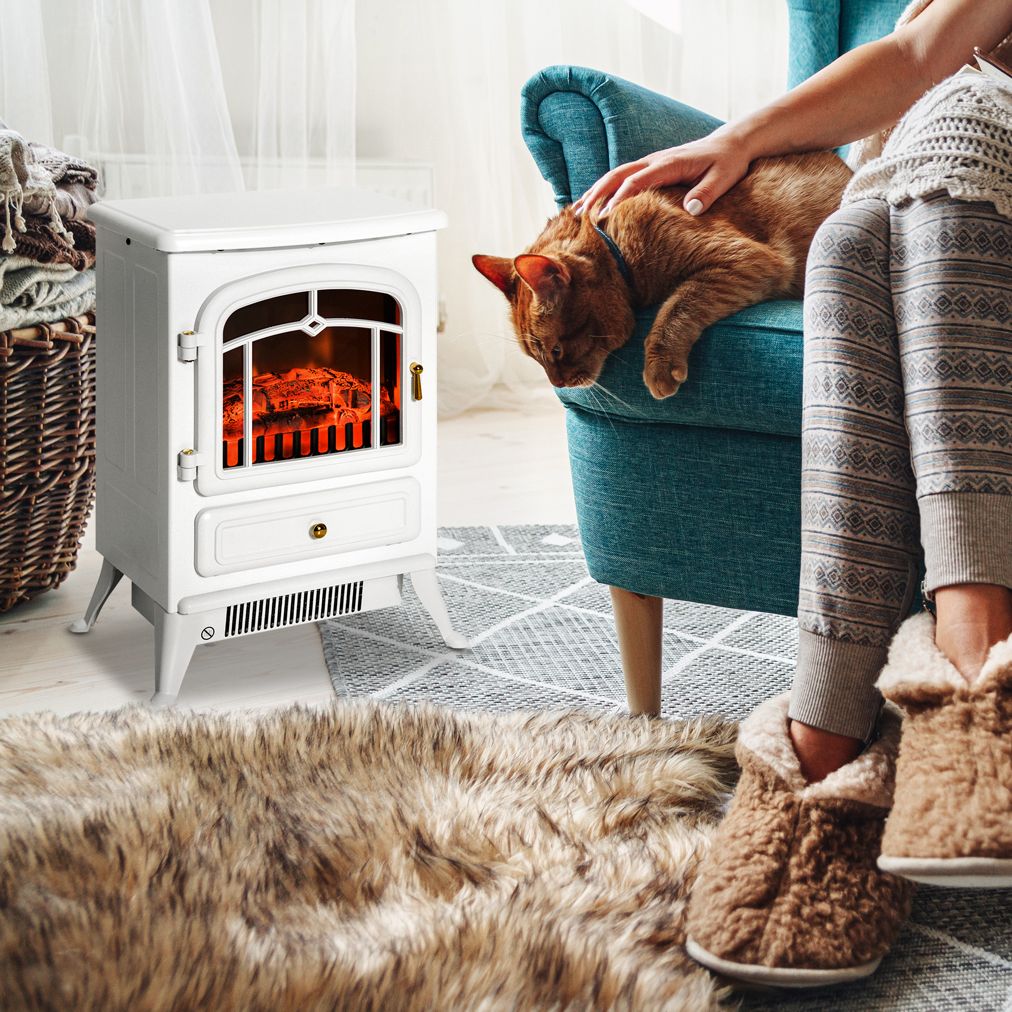 HOMCOM Elektrische Kachel Haard Vlameffect 950W/1850W Realistisch Vuur Metaal Glas Wit 42x28x55cm Sfeerverwarming | Aosom.nl