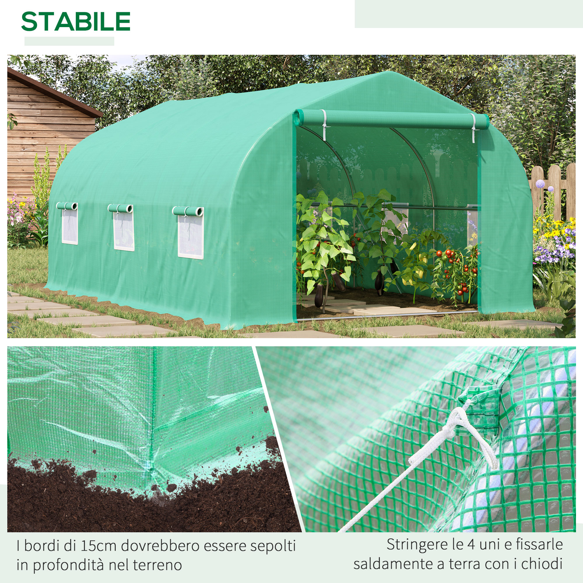 Serra A Tunnel Outsunny - 395x100x80 Cm - Acciaio E PVC Anti UV - 4 Porte - Verde - Foto 12