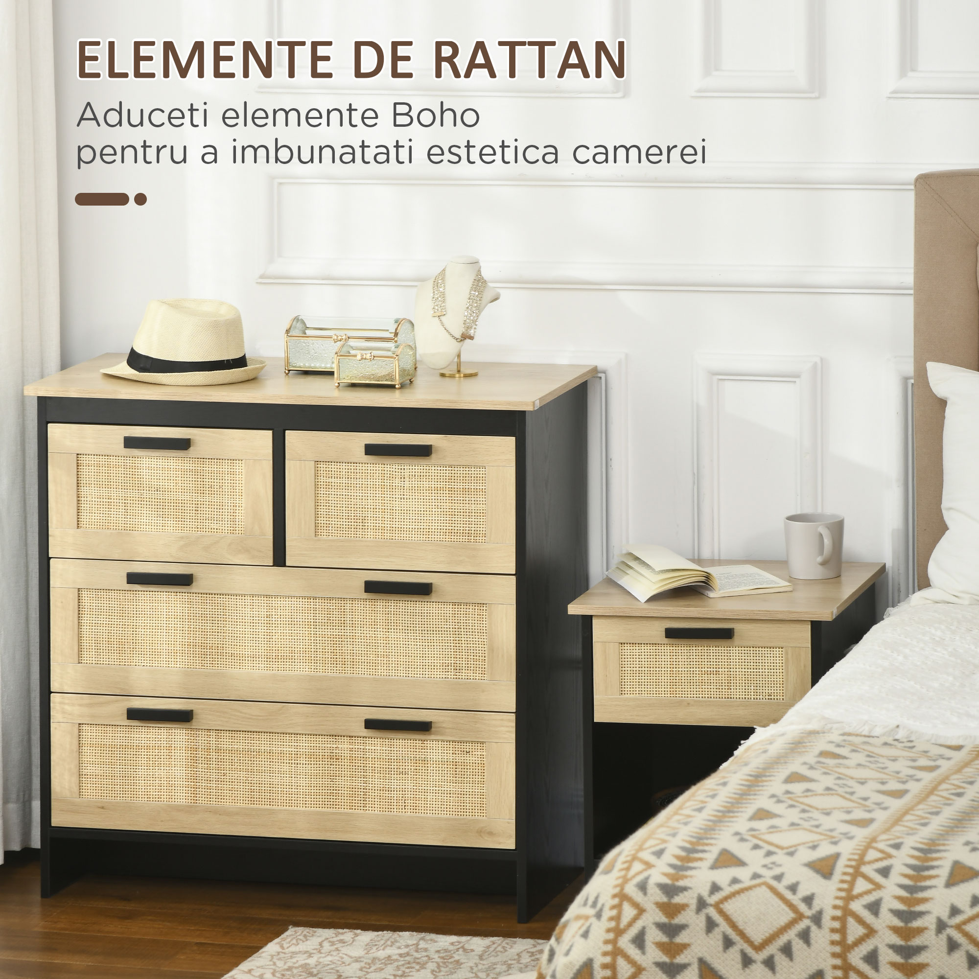  Comoda cu 4 Sertare din PAL si Ratan pentru Living si Dormitor, 80x38x80 cm [4]