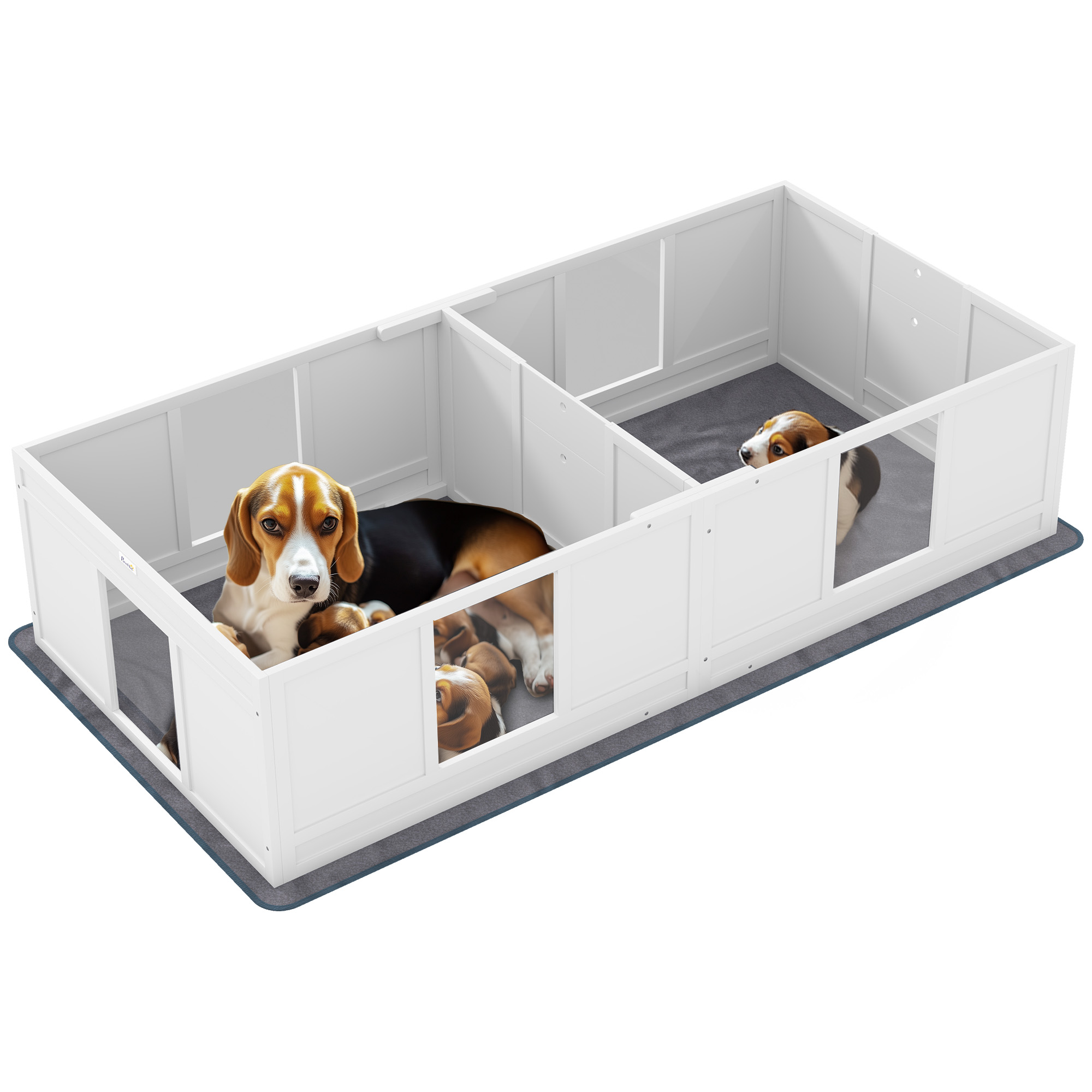 PawHut Two Room Design Whelping Box for Dogs with Whelping Pad, Clear Panels, Adjustable Entrance, for Medium Dogs, 196 x 96cm   Aosom UK
