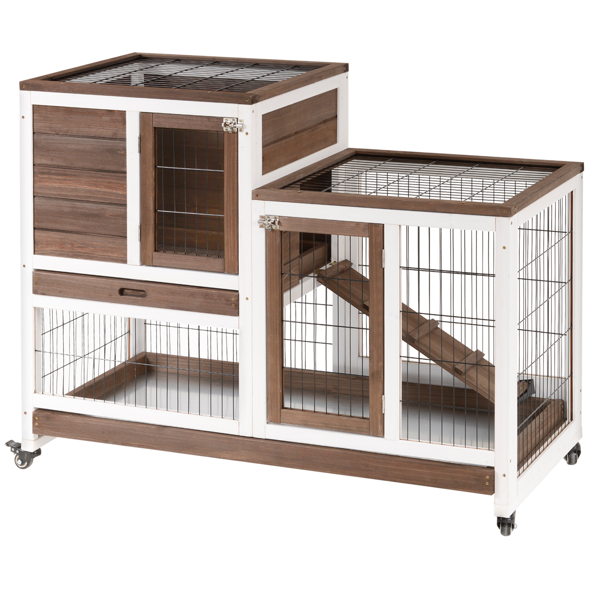 PawHut Coelheira de Madeira com Rodas Gaiola para Coelhos de 2 Pisos com Rampa e 2 Bandejas Removíveis 110x50x86cm Marrom