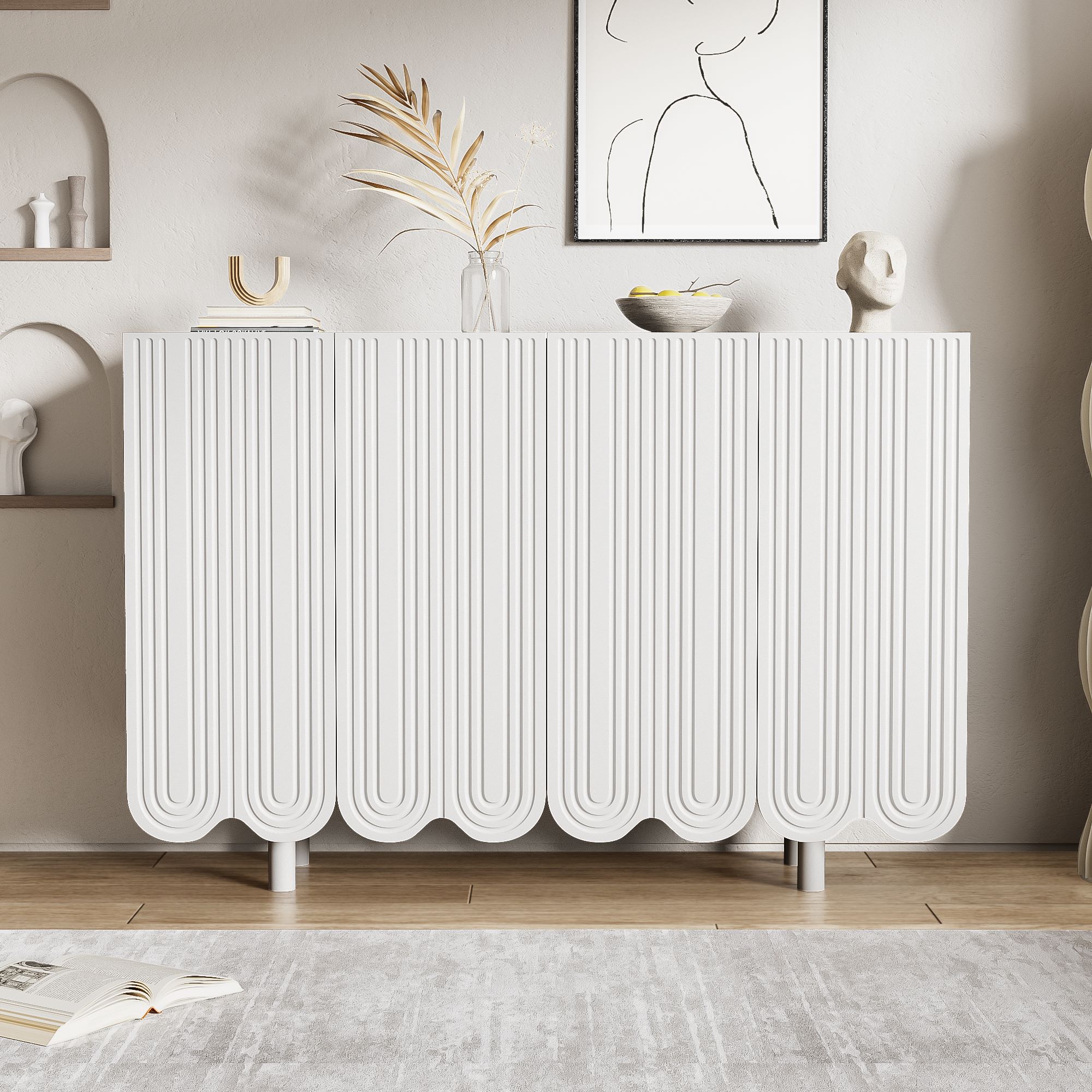 Sideboard tropfenförmige Türen, Moderner Design mit Regalen und Pufferscharnieren, Weiß,120x37,5x80,8 cm, tropfenförmige Schnitzerei   Aosom.de – GL Store
