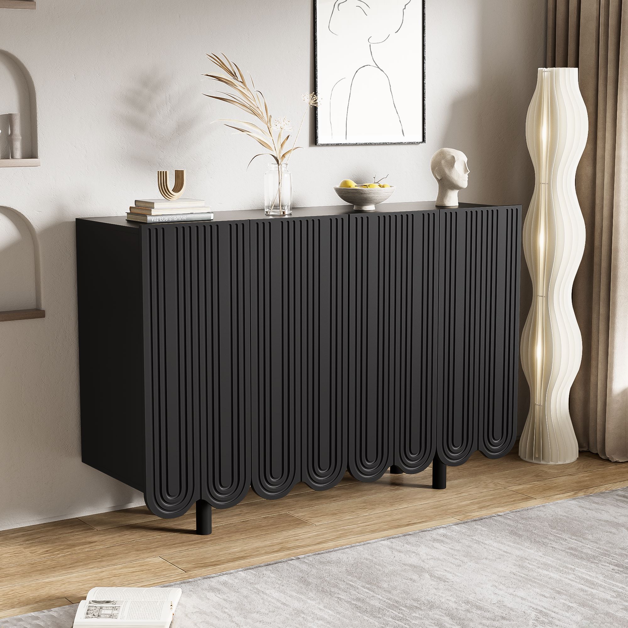 Anrichte, Sideboard 120 cm Stauraum mit Tropfenschnitzerei Geformte Türen Pufferscharnier Schwarz 120x37,5x80,8 cm   Aosom.de – GL Store