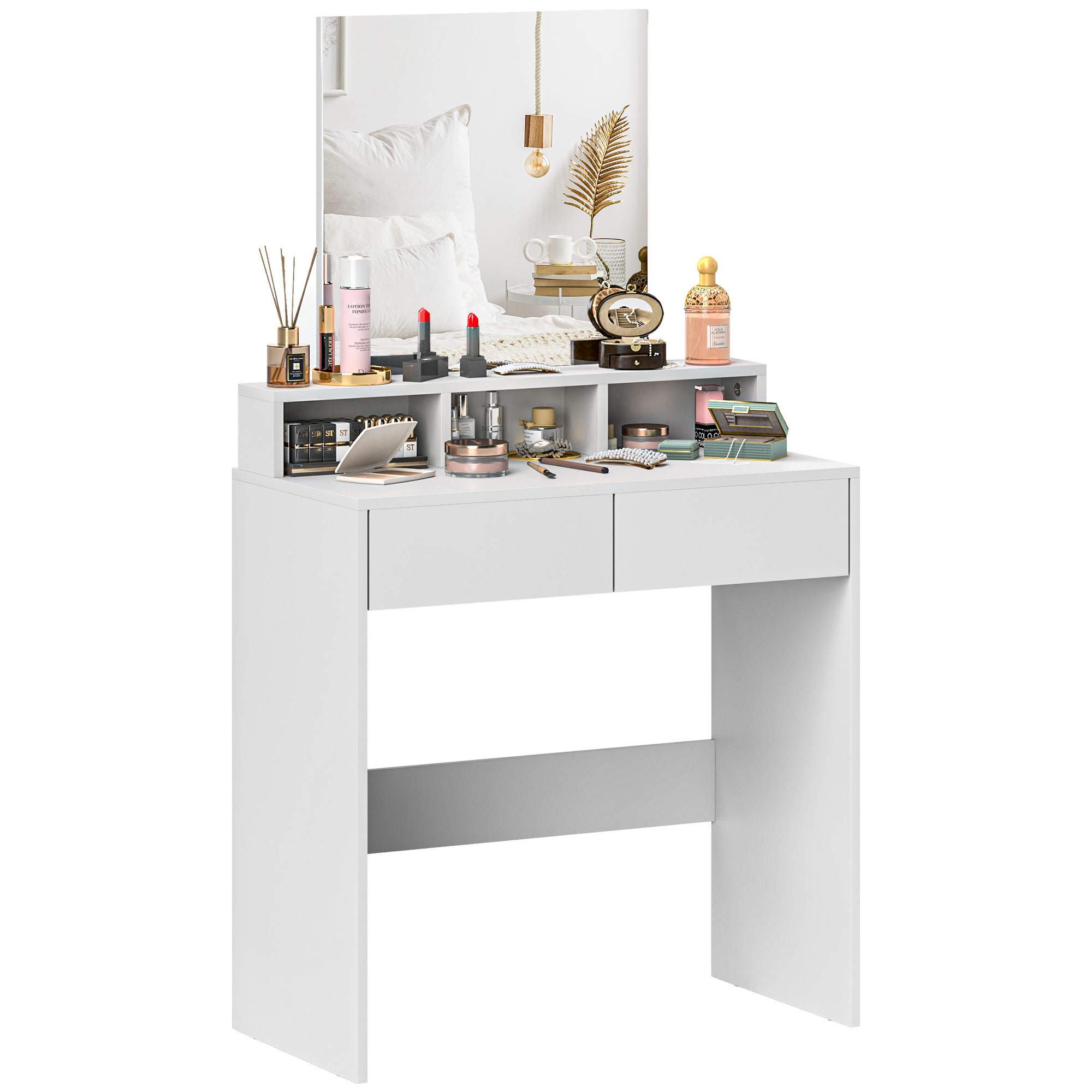 HOMCOM Toucador de Maquilhagem com Espelho Toucador com 2 Gavetas 3 Compartimentos Toucador para Dormitório 75x38x135 cm Branco
