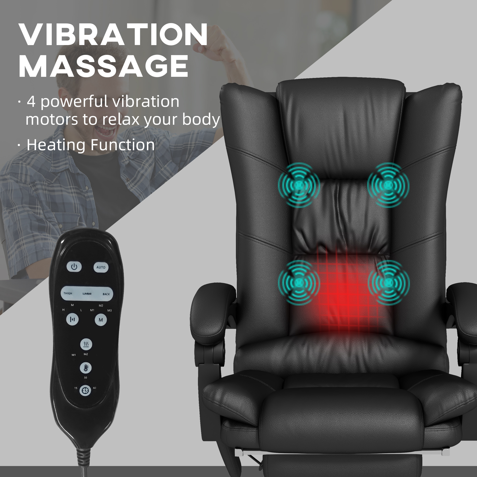 Vinsetto High Back Vibration Massage Office Chair, Heated Reclining PU Leather Computer Chair with 135° Reclining Back and Footrest, Black 4